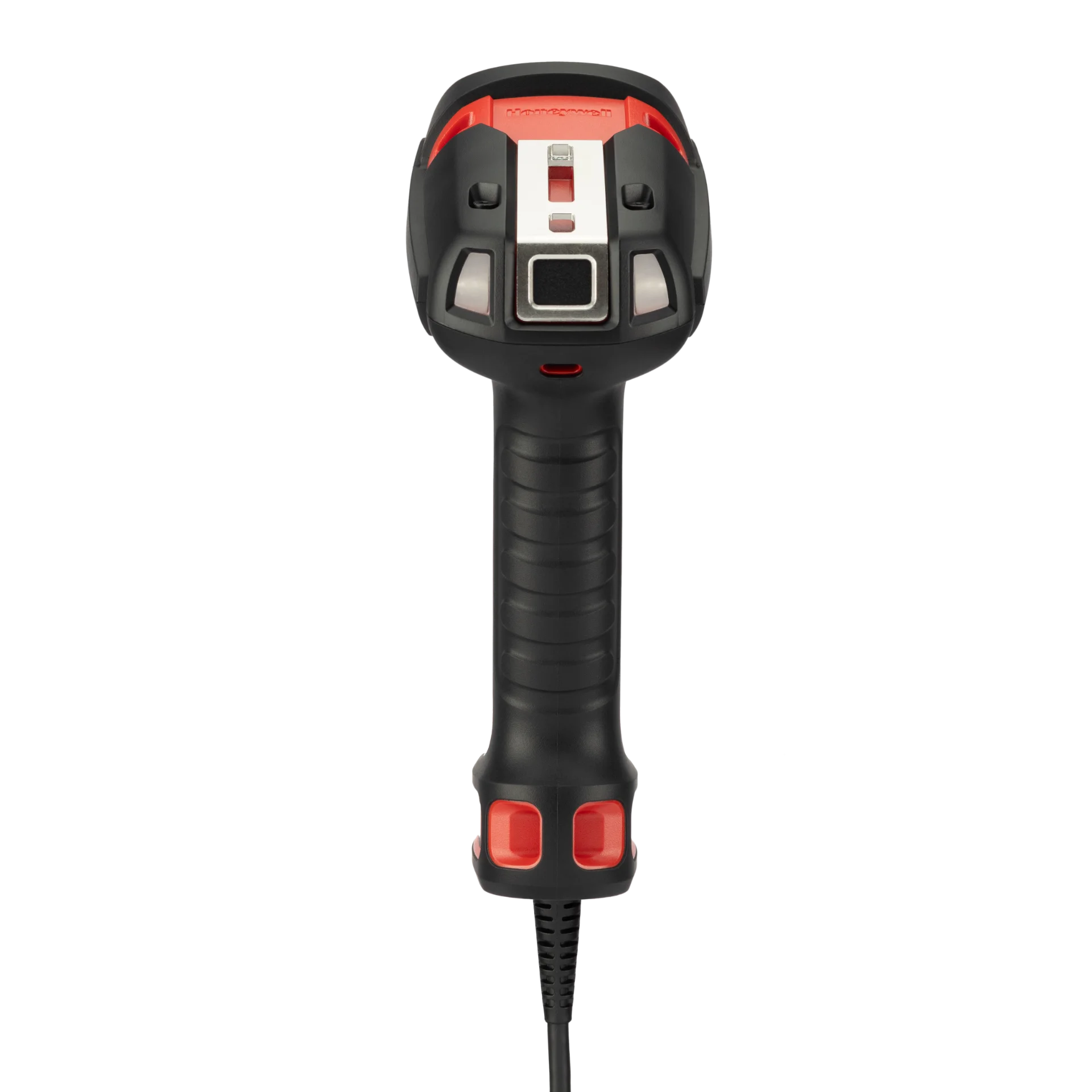 Barcode-Scanner Honeywell Granit Ultra 2100i SR – gerade Rückansicht mit Metallbügel, schwarzem Griff und Kabel.