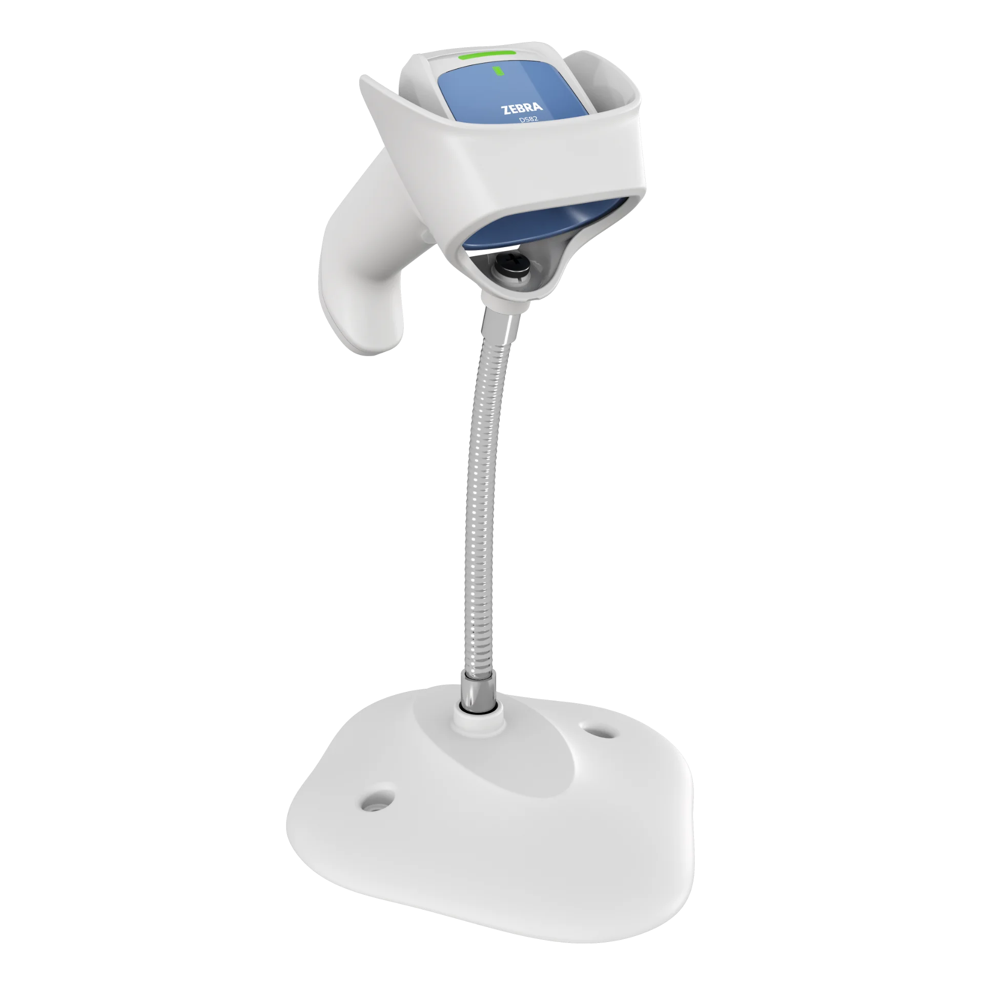 Barcode Scanner Zebra DS8208-HC schräg von oben links im Schwanenhals-Intellistand, weißes Gehäuse mit blauem Kopf, sichtbarer Sensor und Status-LED