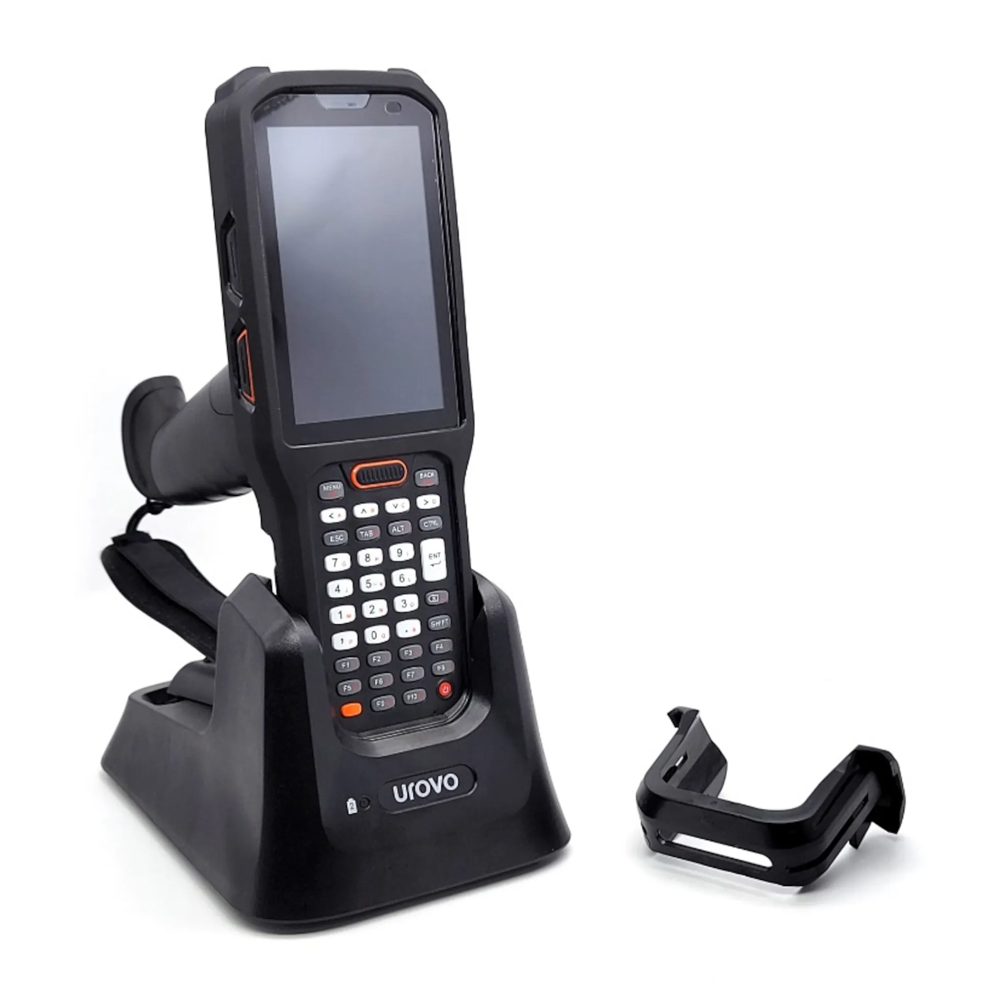 Urovo RT40 MDE-Gerät mit Tastatur, Display und Trigger Griff in Ladestation