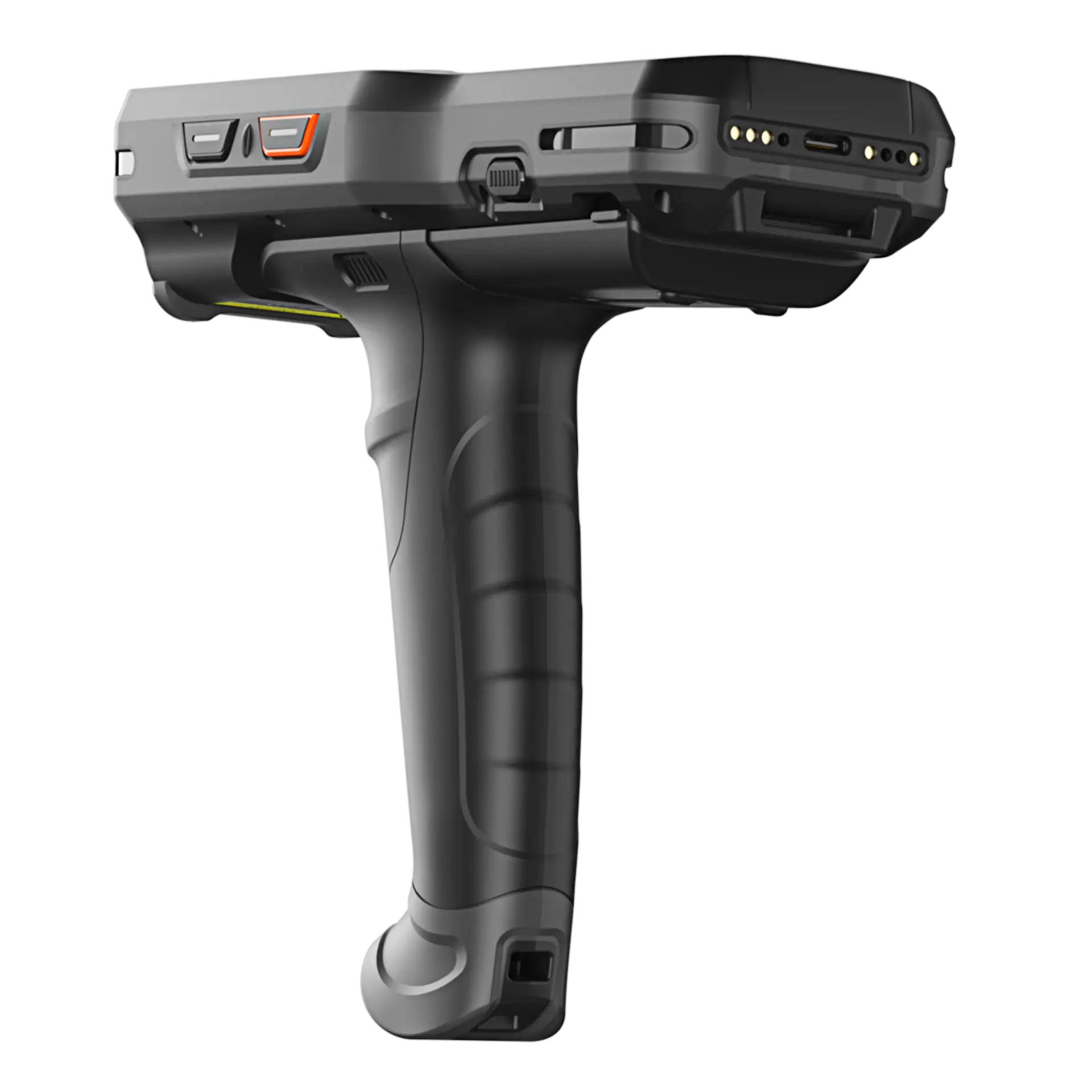 Urovo RT40 MDE Gerät von hinten und unten mit montiertem Pistolengriff, zeigt Anschlüsse und Gehäusedetails