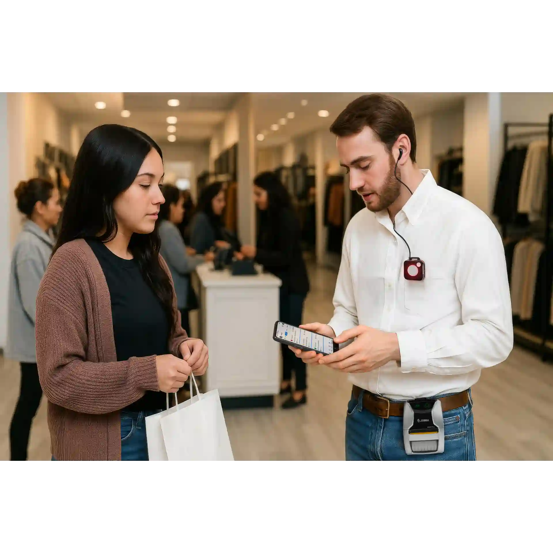 Wearable Zebra WS101 – Einsatz im Store am Hemd getragen, LED-Ring und Knöpfe sichtbar