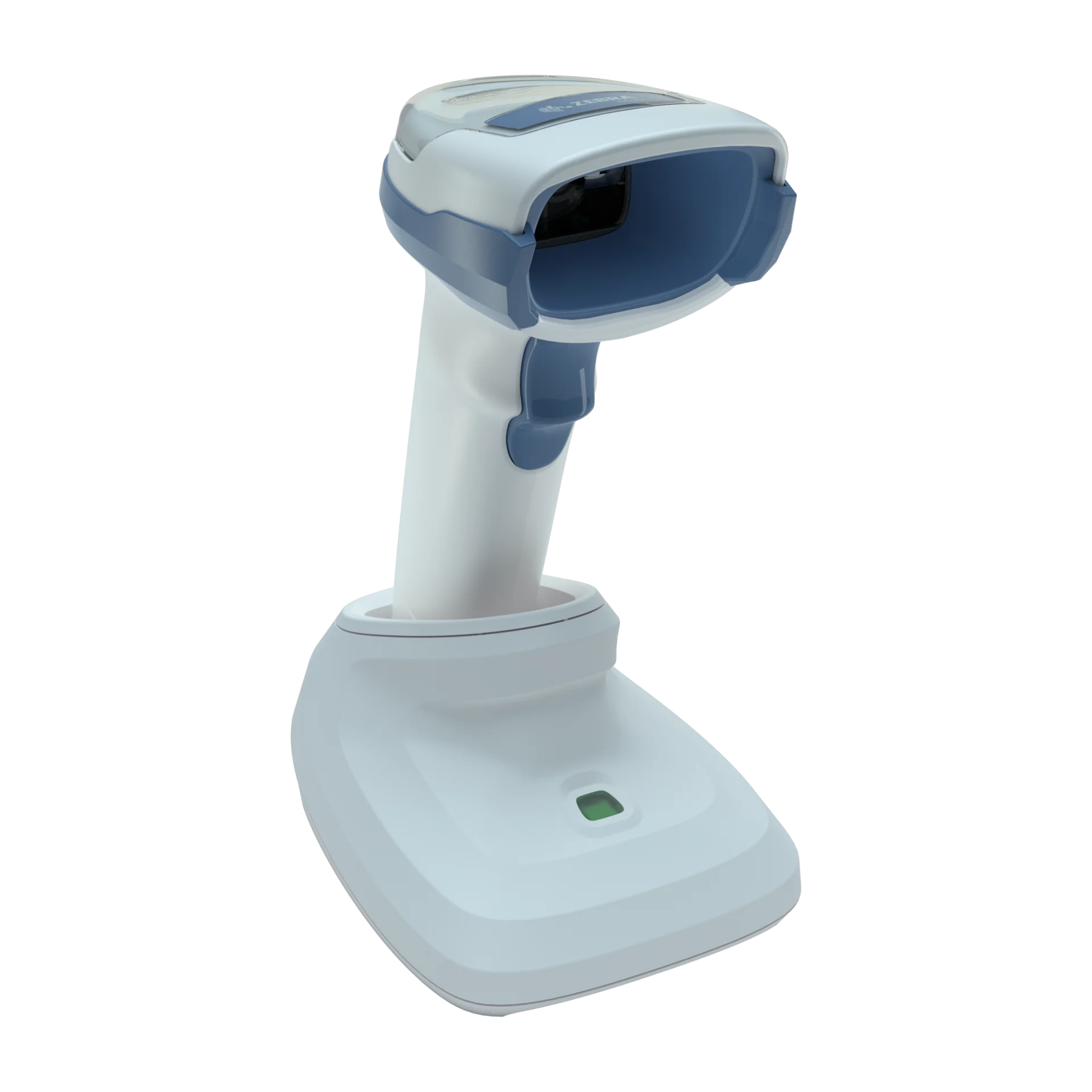 Barcode-Scanner Zebra DS2278-HC schräg von vorn links; Scanfenster, blauer Auslöser und aufgestellte Basisstation mit Leuchtanzeige sichtbar.