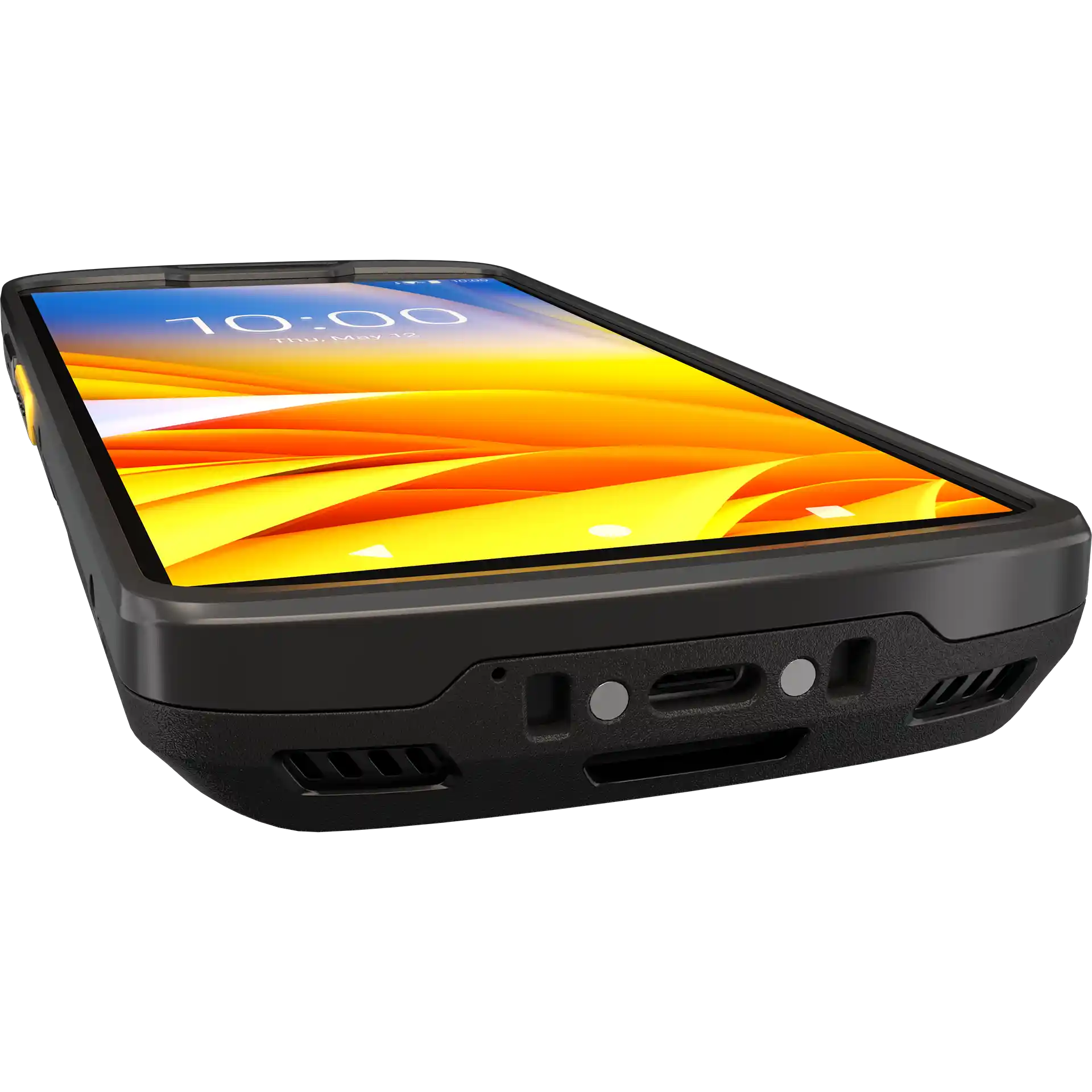 Zebra TC53/TC58 MDE Gerät, Unterseite mit USB-C Anschluss, Lautsprecher, seitliche Ansicht links.