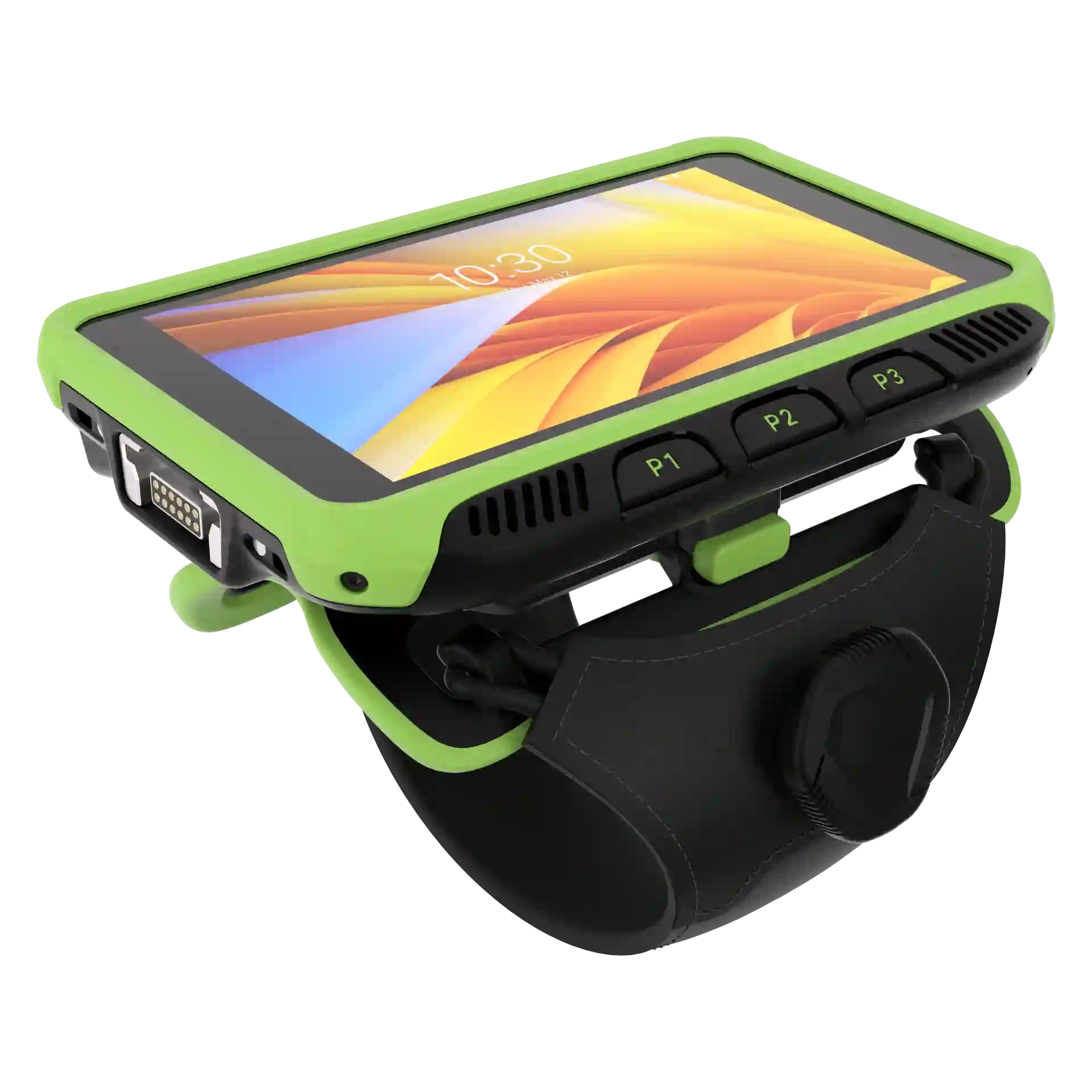 Wearable Zebra WT6400 – schräg vorne links, Display an, Tasten sichtbar, Halterung mit einem Riemen