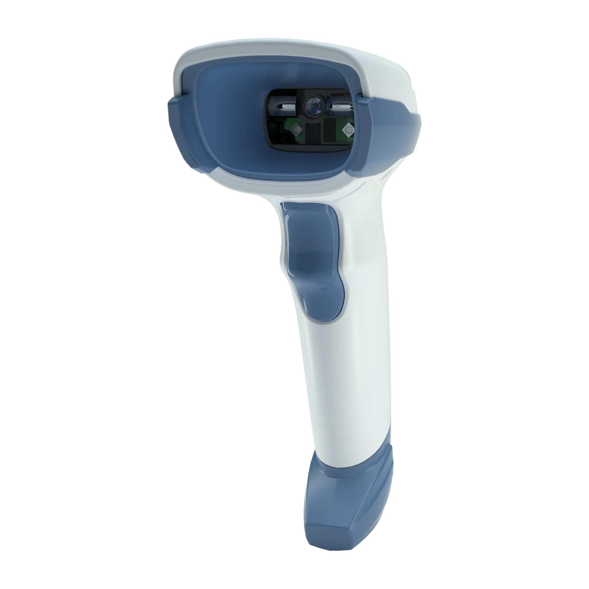 Barcode-Scanner Zebra DS2208-HC schräg von vorn rechts; Scanobjektiv und Sensoren im Kopf sowie blaue Auslösetaste am weißen Griff sichtbar.