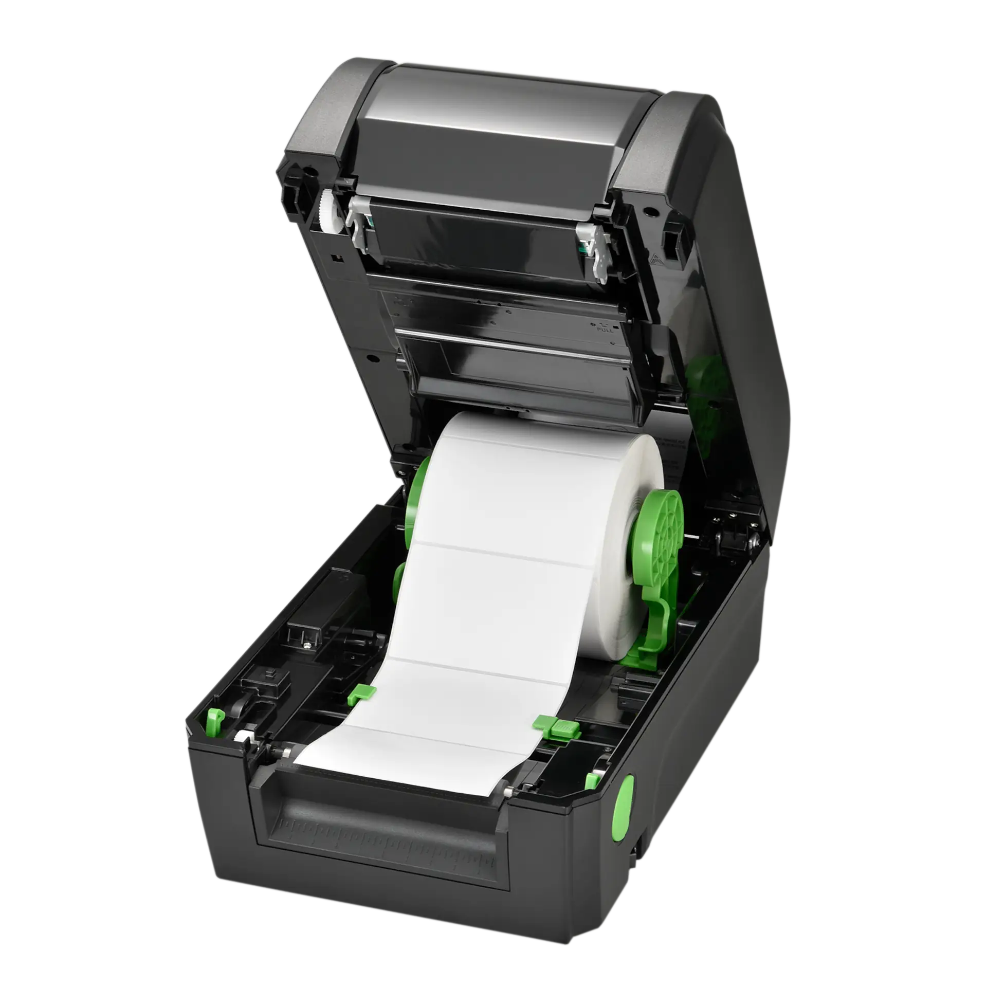 Geöffneter TSC TX210 mit eingelegter weißer Etikettenrolle und sichtbaren grünen Führungselementen