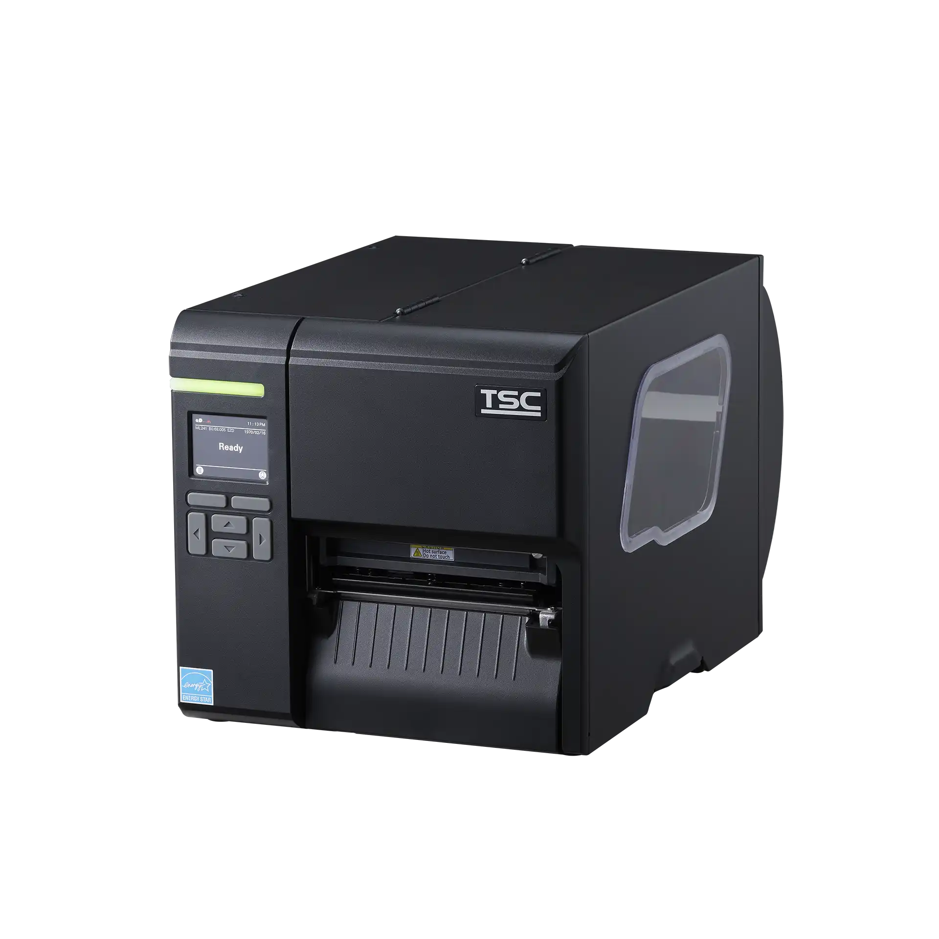 TSC ML241P Etikettendrucker, front-seitliche Ansicht geschlossen, LCD-Display zeigt "Ready", Bedienknöpfe