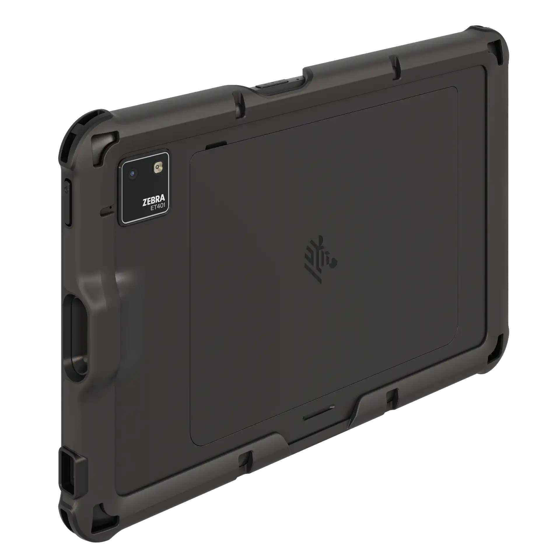 Tablet Zebra ET401, 10 Zoll – Rückseite links, Kamera, Scanner, Gehäusedetails und Schutzhülle sichtbar