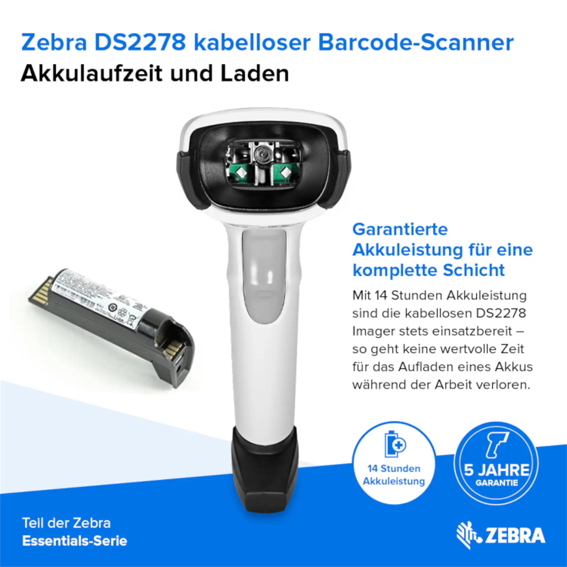 Barcode-Scanner Zebra DS2278 weiß frontal mit sichtbarer Kamera und Scanmodul; separater Akku und Produktinformationen abgebildet