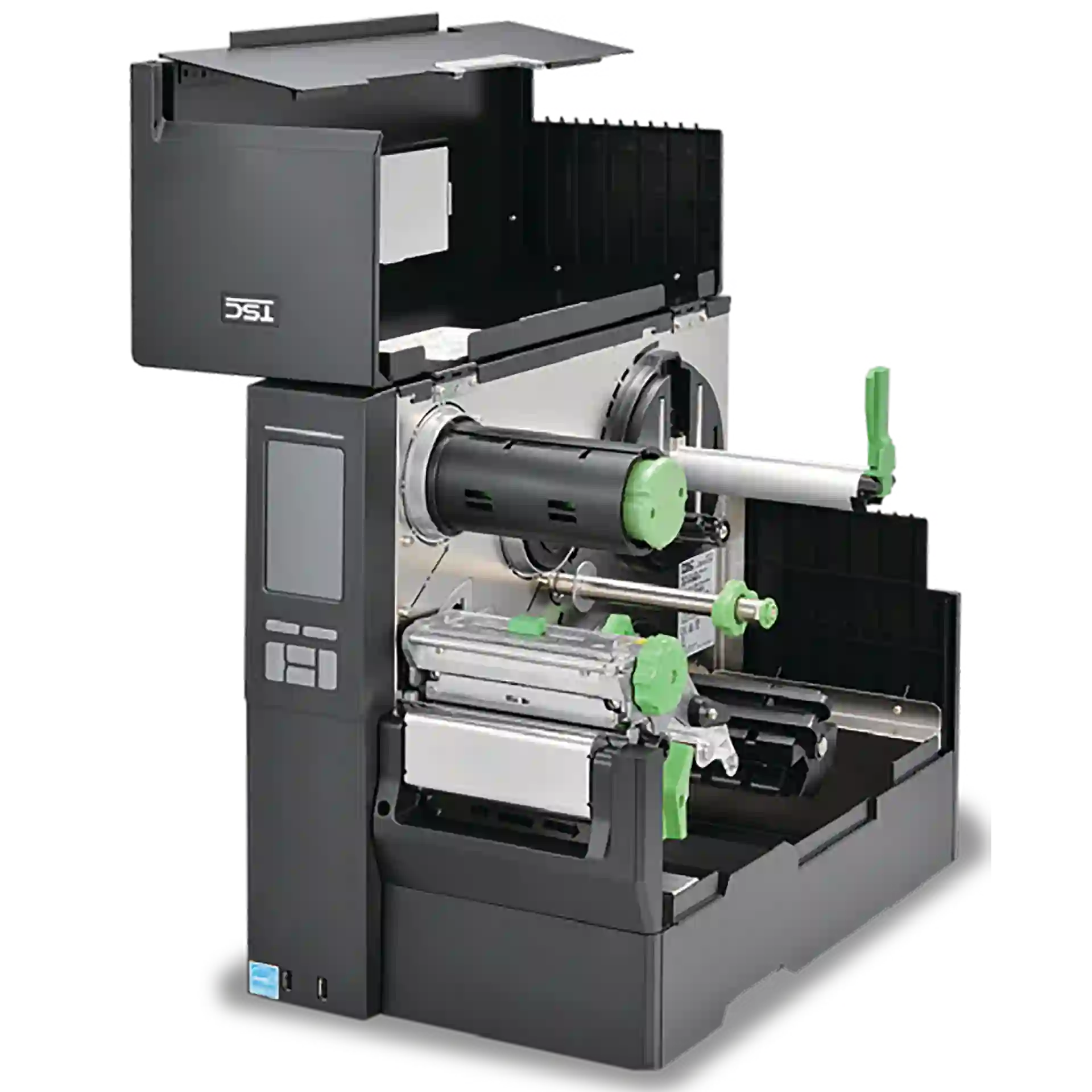 TSC MH241P Etikettendrucker – seitliche Frontansicht geöffnet TSC MH241P Etikettendrucker, seitlich geöffnet, Sicht auf Rollenhalter, Mechanik und Bedienelemente