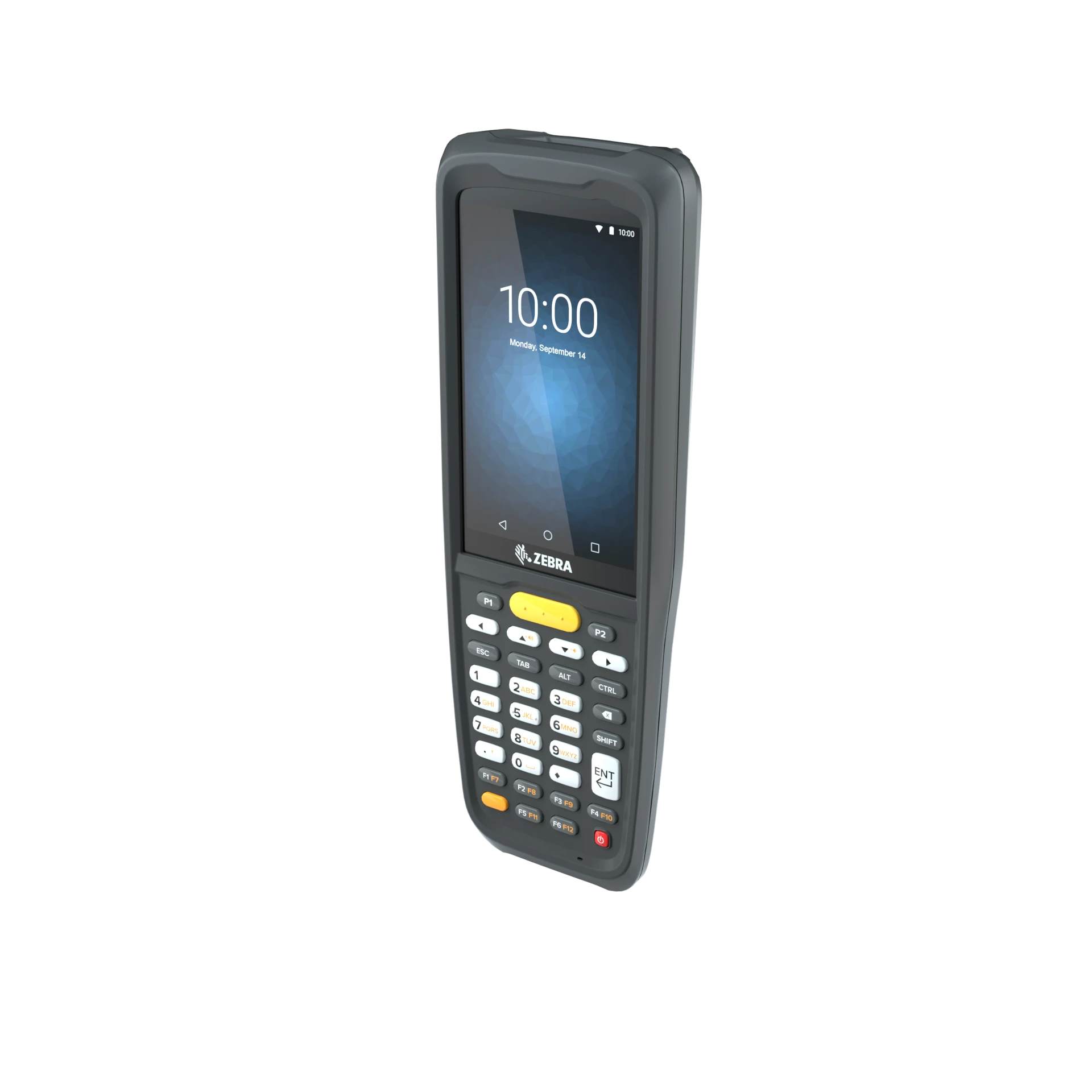 Zebra MC2200/MC2700 MDE Gerät, schräg rechts von vorn, Display an, Tastatur und Funktionstasten sind deutlich erkennbar.