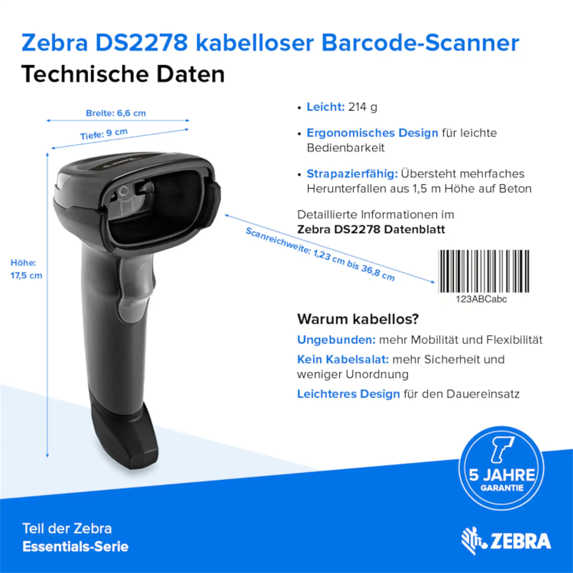 Barcode-Scanner Zebra DS2278 schwarz in schräger Frontansicht mit Scanfenster, Griff, Maßangaben, Scanreichweite und Produktinformationen