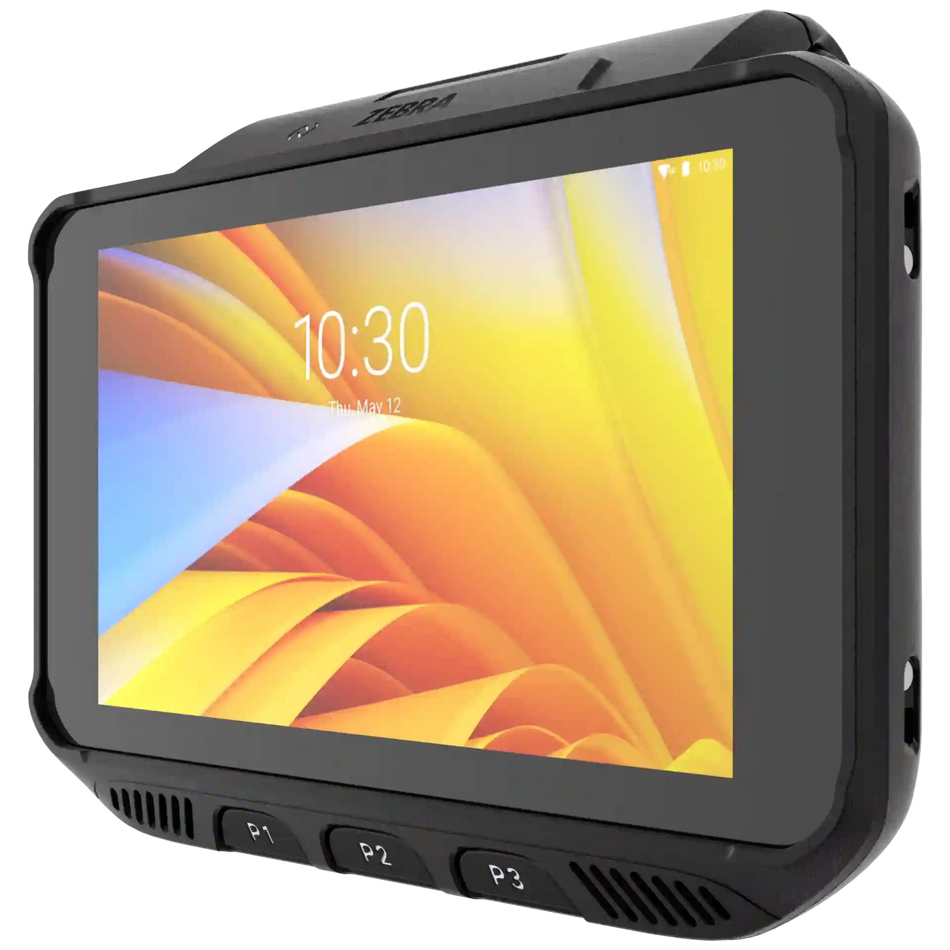 Wearable Zebra WT5400 – Schräge rechte Ansicht mit eingeschaltetem Display
