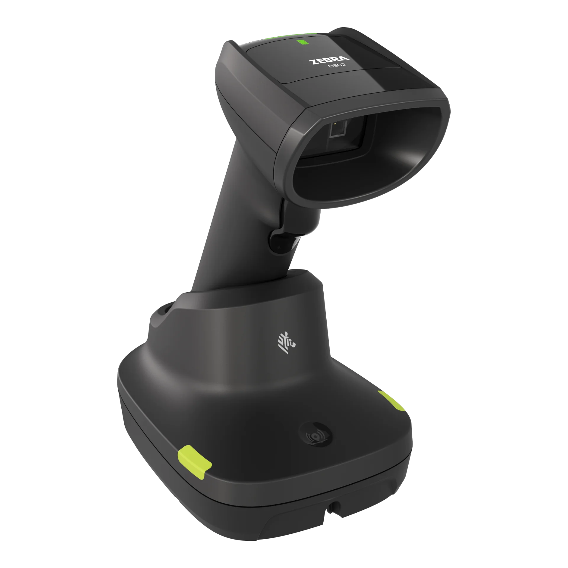 Barcode Scanner Zebra DS8288 in Präsentations-Cradle, Frontansicht links mit sichtbarem Scansensor und LED