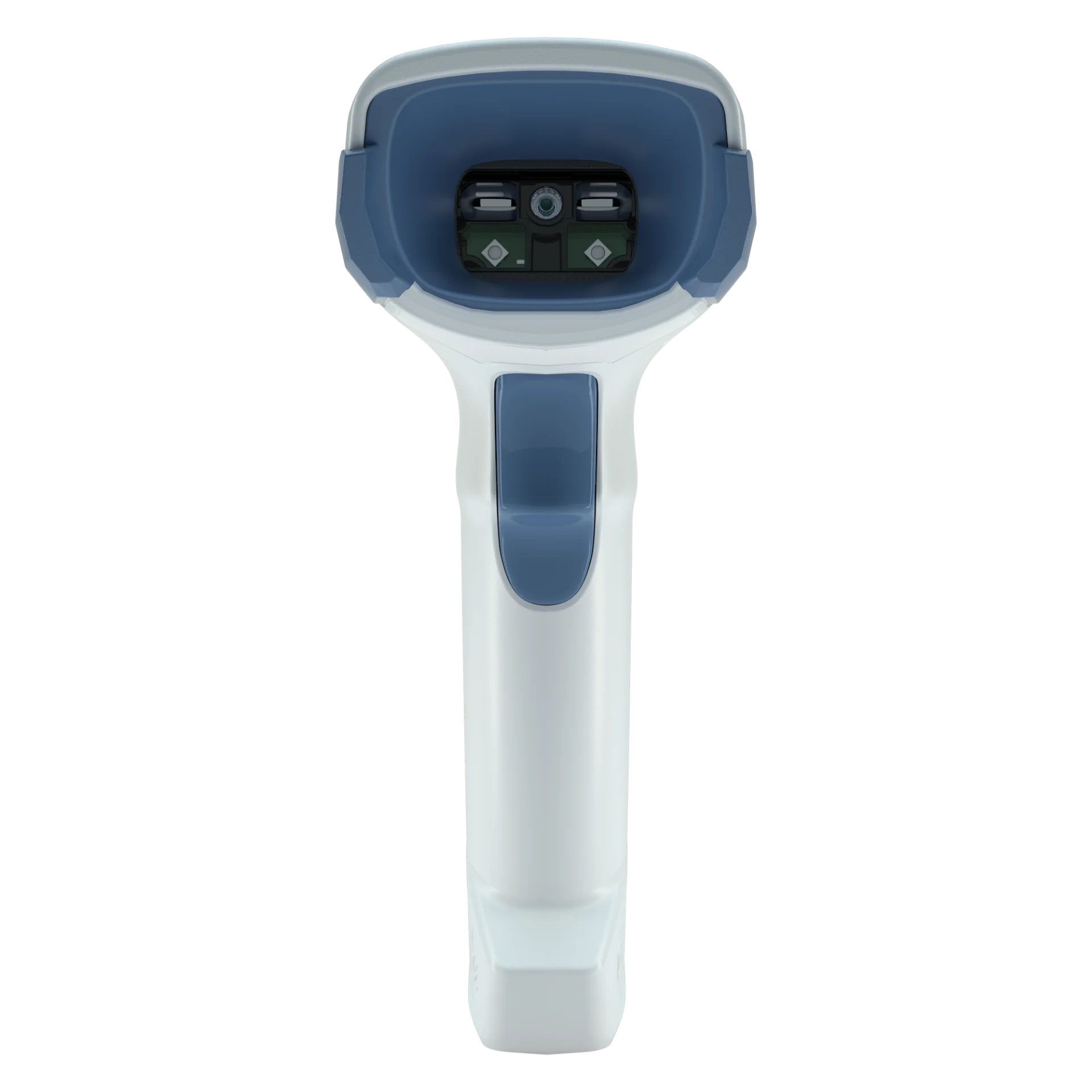 Barcode-Scanner Zebra DS2278-HC von vorn: Scanfenster mit zentraler Optik und Sensoren, blaue Auslösetaste am weißen Griff.