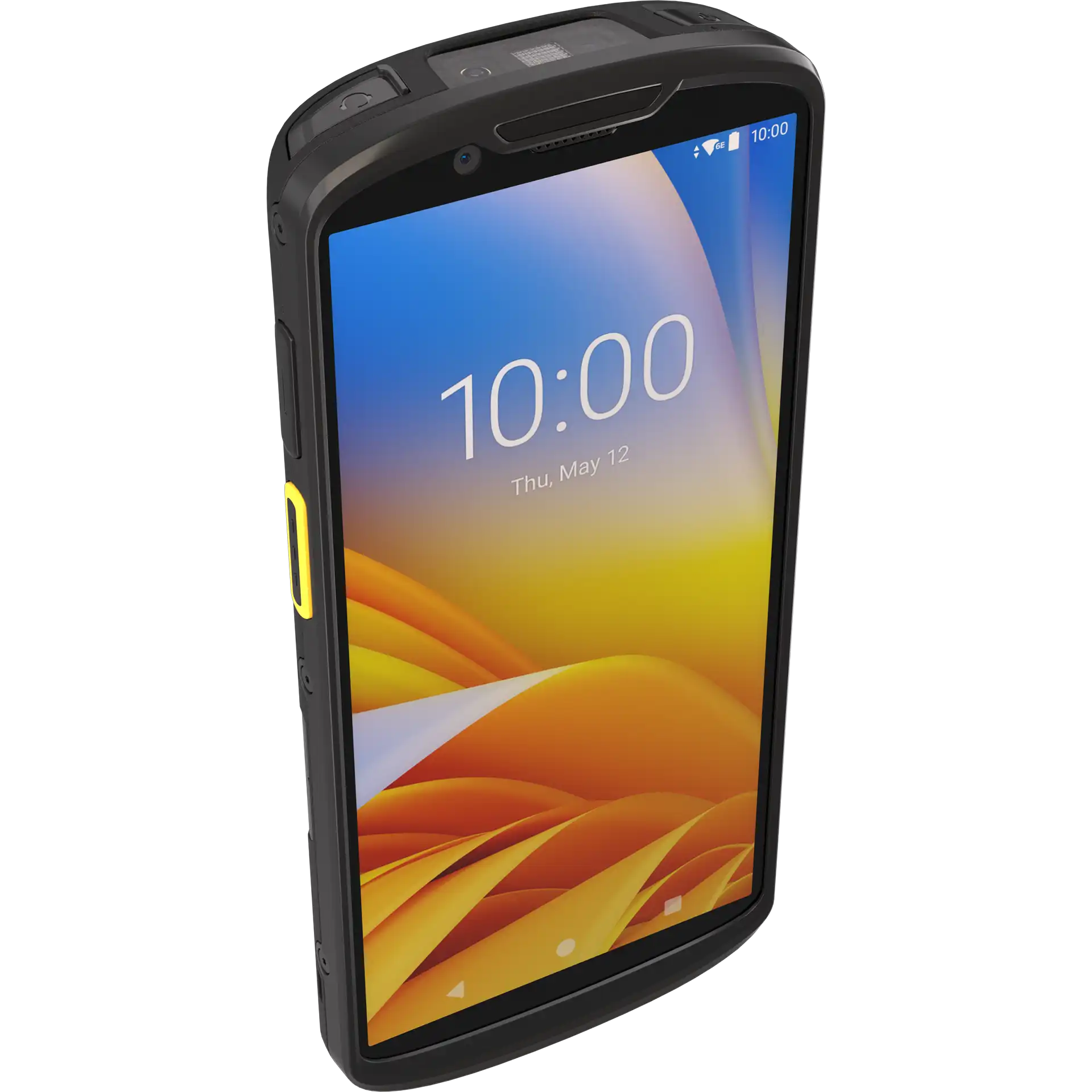 MDE Gerät Zebra TC53/TC58 mit Scanmodul SE55, Display eingeschaltet, linke obere Front, Tasten und Sensoren sichtbar.