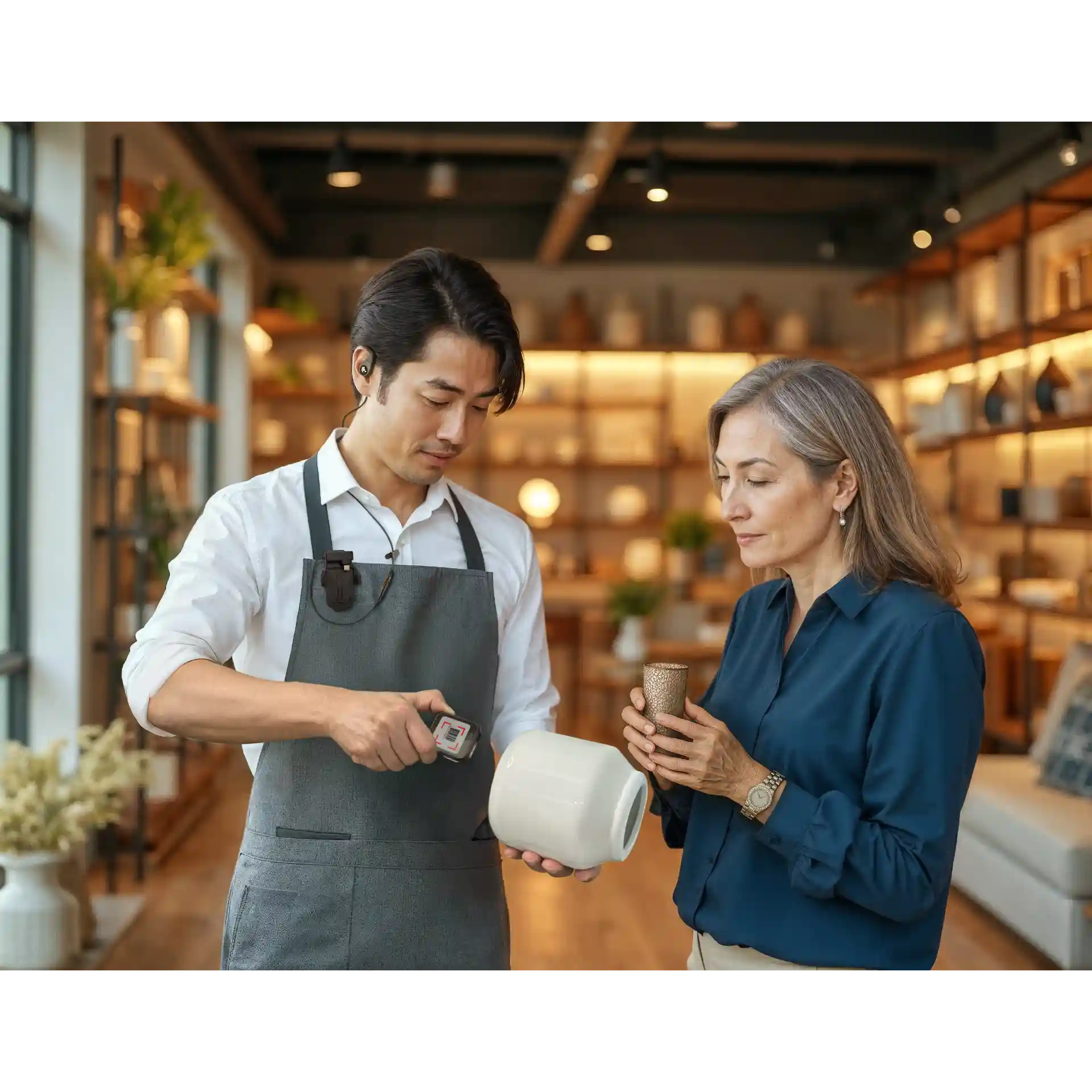 Wearable Zebra WS301 – in Einzelhandelsszene mit Scanvorgang und Display sichtbar