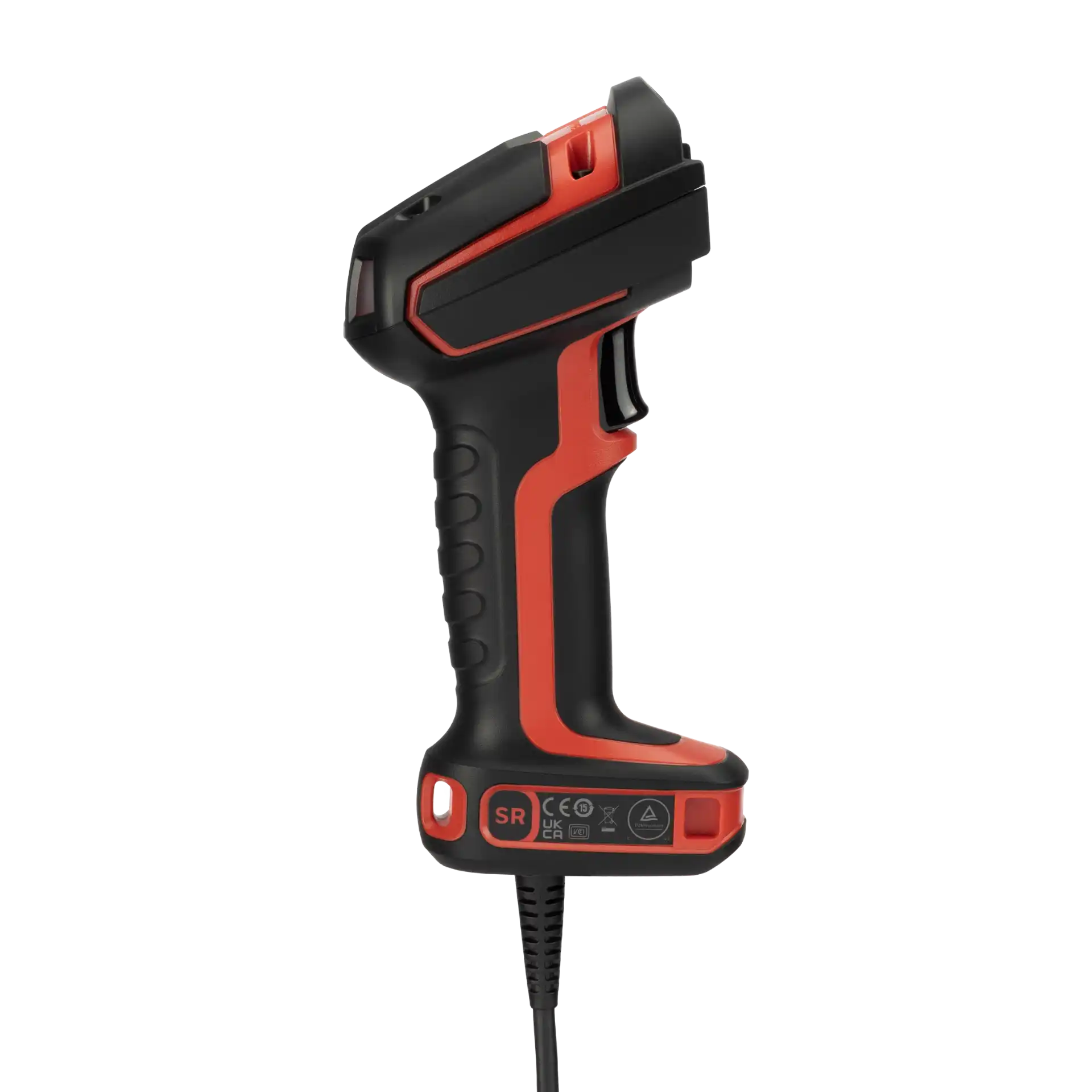 Barcode-Scanner Honeywell Granit Ultra 2100i SR – rechte Seitenansicht mit schwarzer Griffauflage, rotem Schutzrahmen und Kabel.