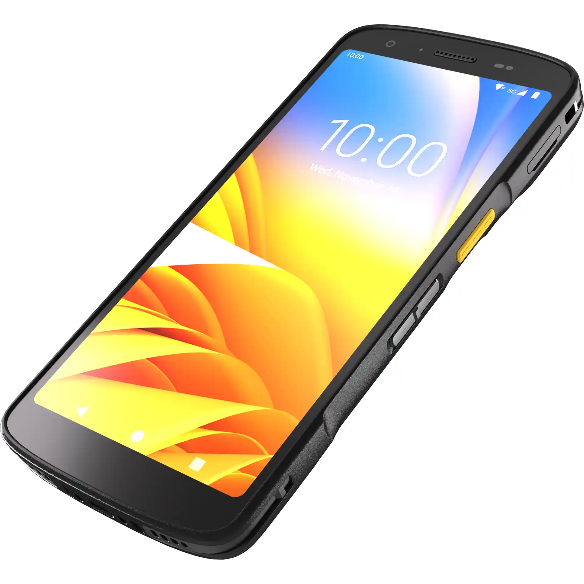 Zebra TC22/TC27 MDE Gerät, gekippte Frontansicht rechts, Display an, seitliche Bedientasten gut erkennbar.