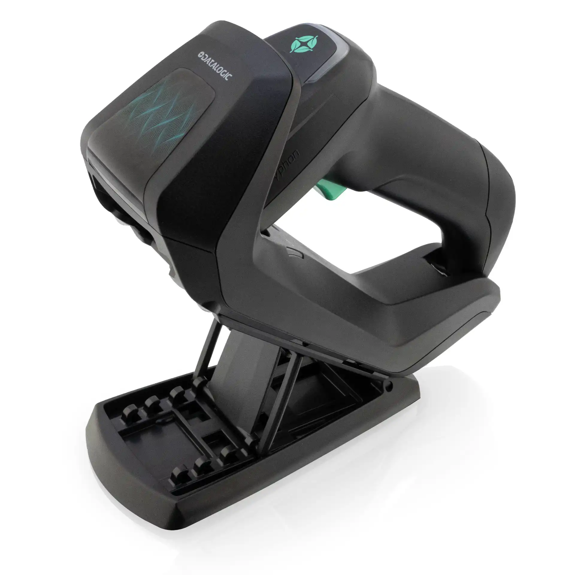 Barcode Scanner Datalogic Gryphon GBT4600 GM4600 – schräg oben links in hochgestellter Lade- und Übertragungsstation, Kopf nach oben ausgerichtet, Scanfenster vorn