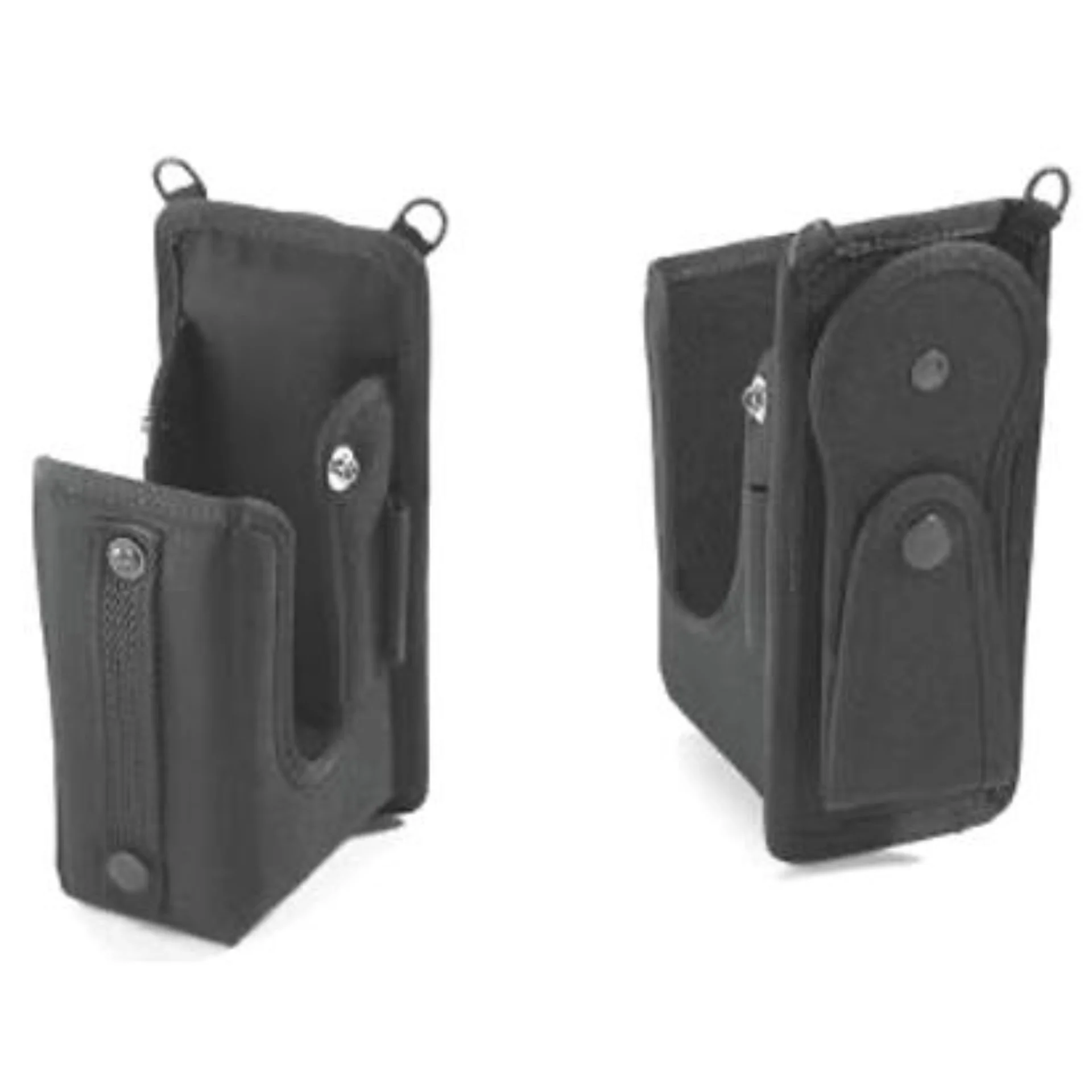 Holster für MDE Gerät Zebra MC3400/MC3450, Vorder- und Rückansicht, schwarz, mit Druckknopfverschluss.