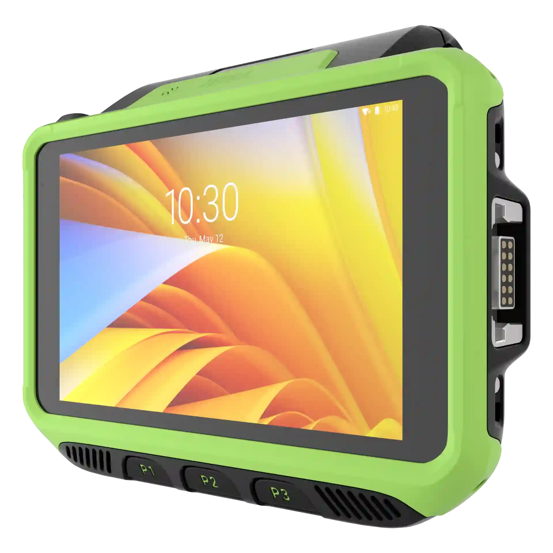 Wearable Zebra WT6400 – rechte Frontansicht, Display an, Tasten P1–P3, seitlicher Anschluss