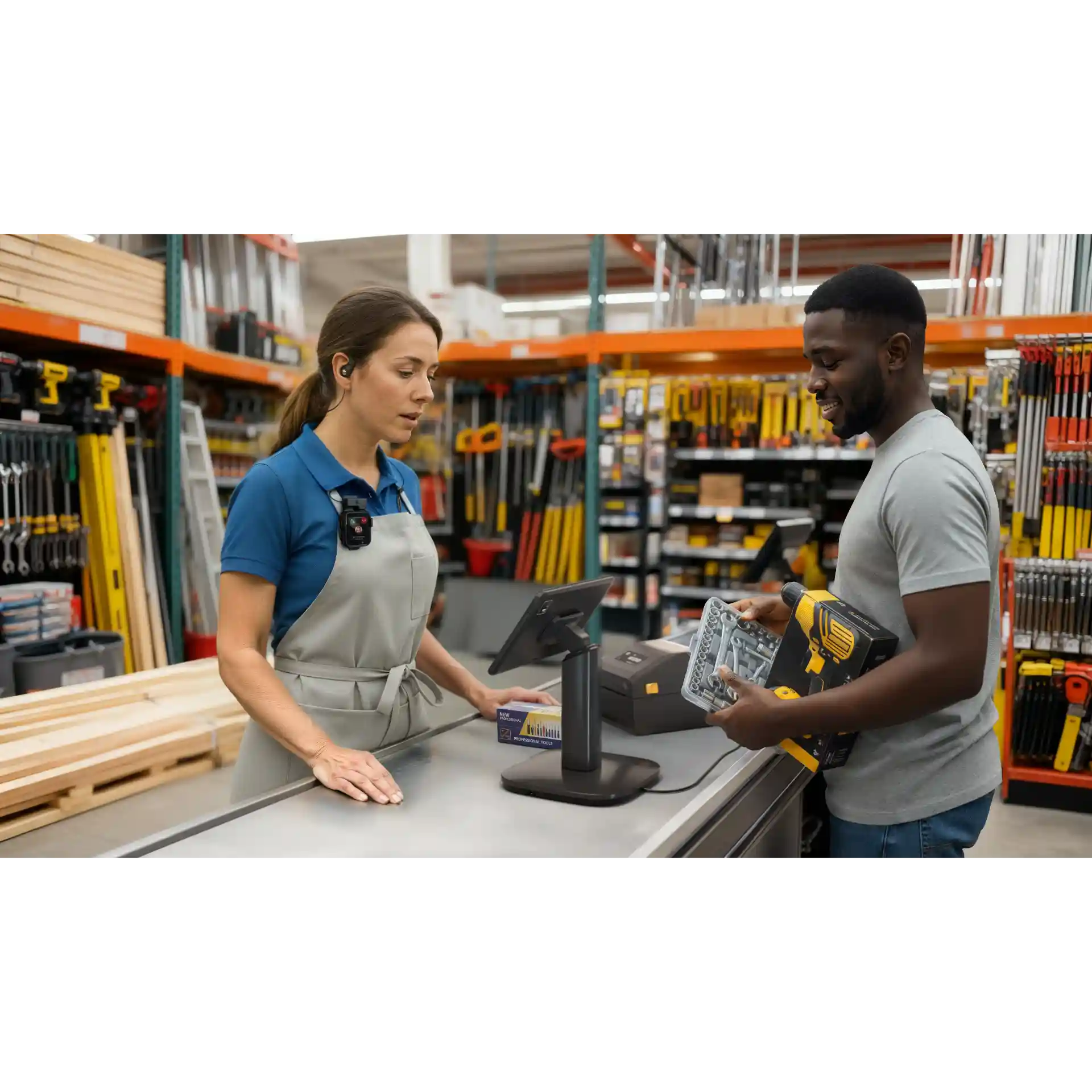 Wearable Zebra WS301 – am Oberkörper getragen mit aktivem Display an der Kasse