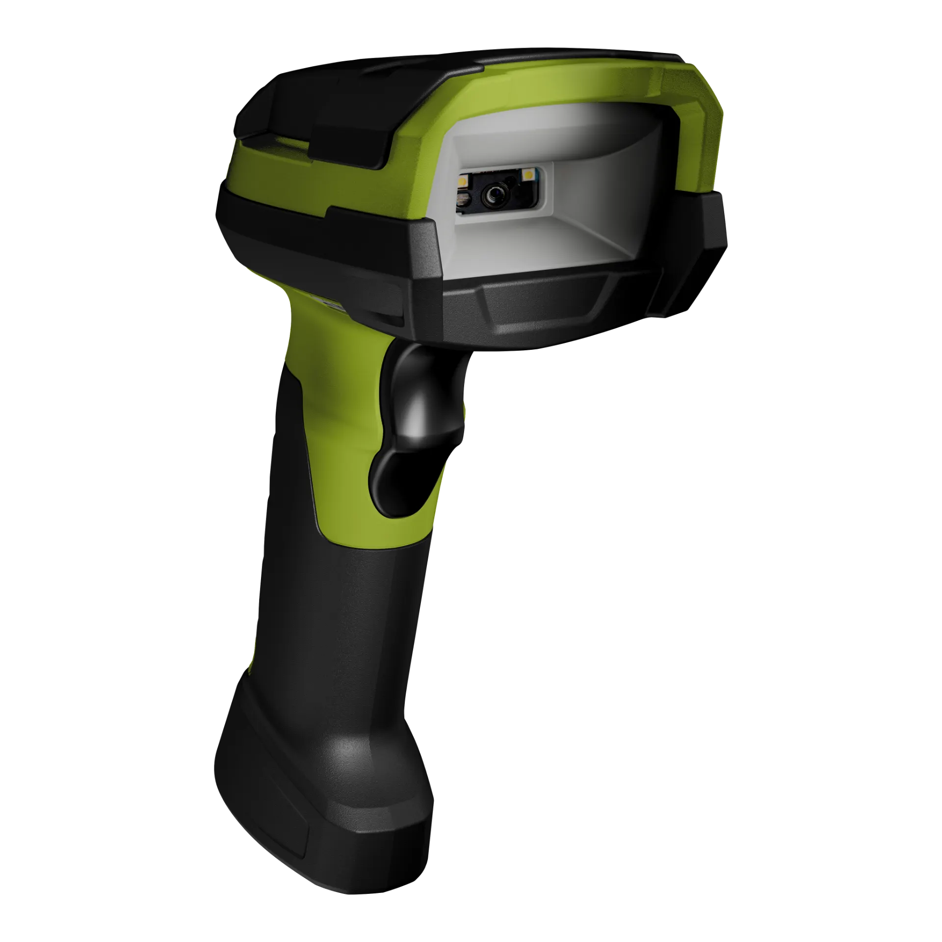 Barcode-Scanner Zebra DS3608-DPM – linke Frontschrägansicht mit Scanfenster und Auslöser.