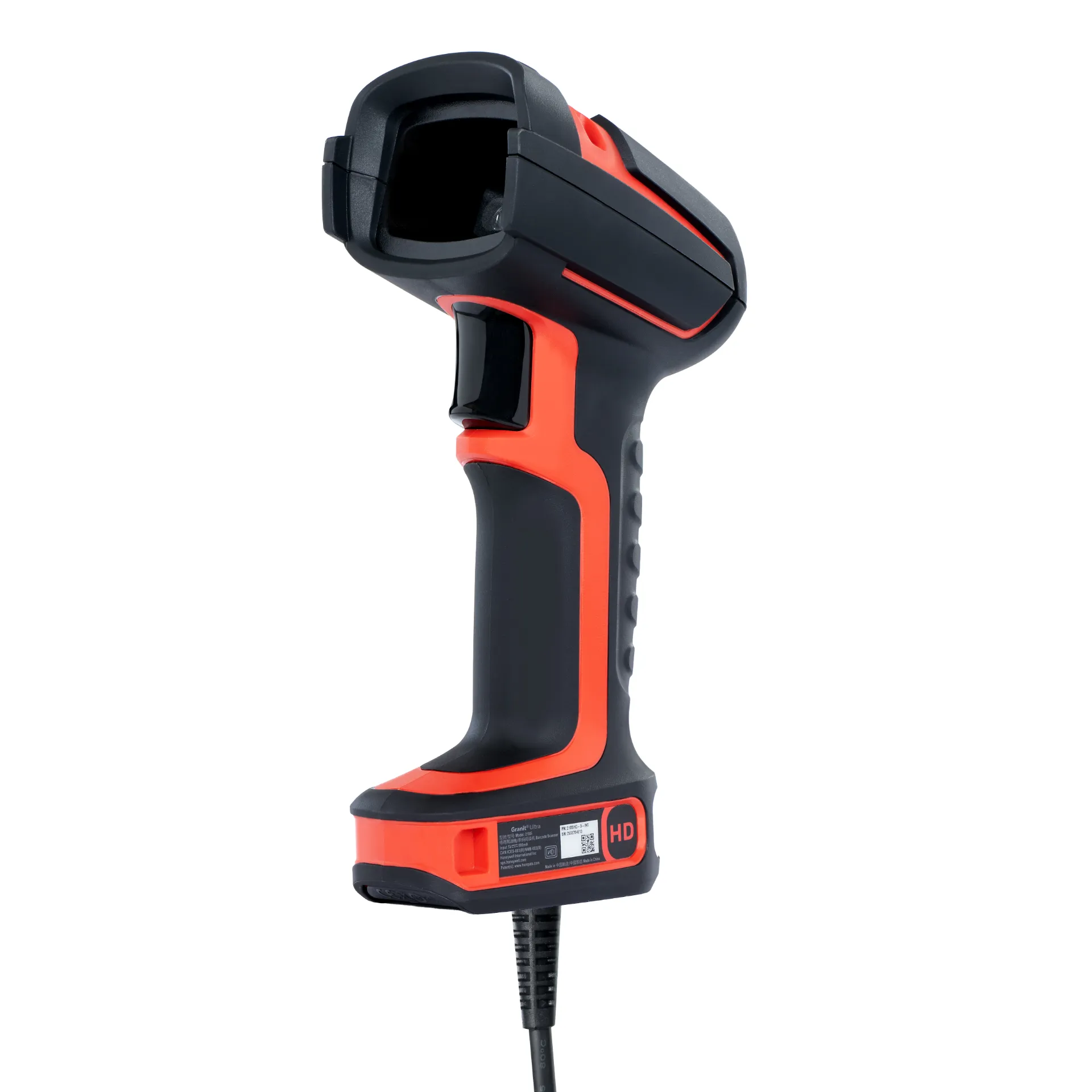 Barcode-Scanner Honeywell Granit Ultra 2100iHD – schräge Frontansicht rechts mit Scanfenster, Trigger und Kabel