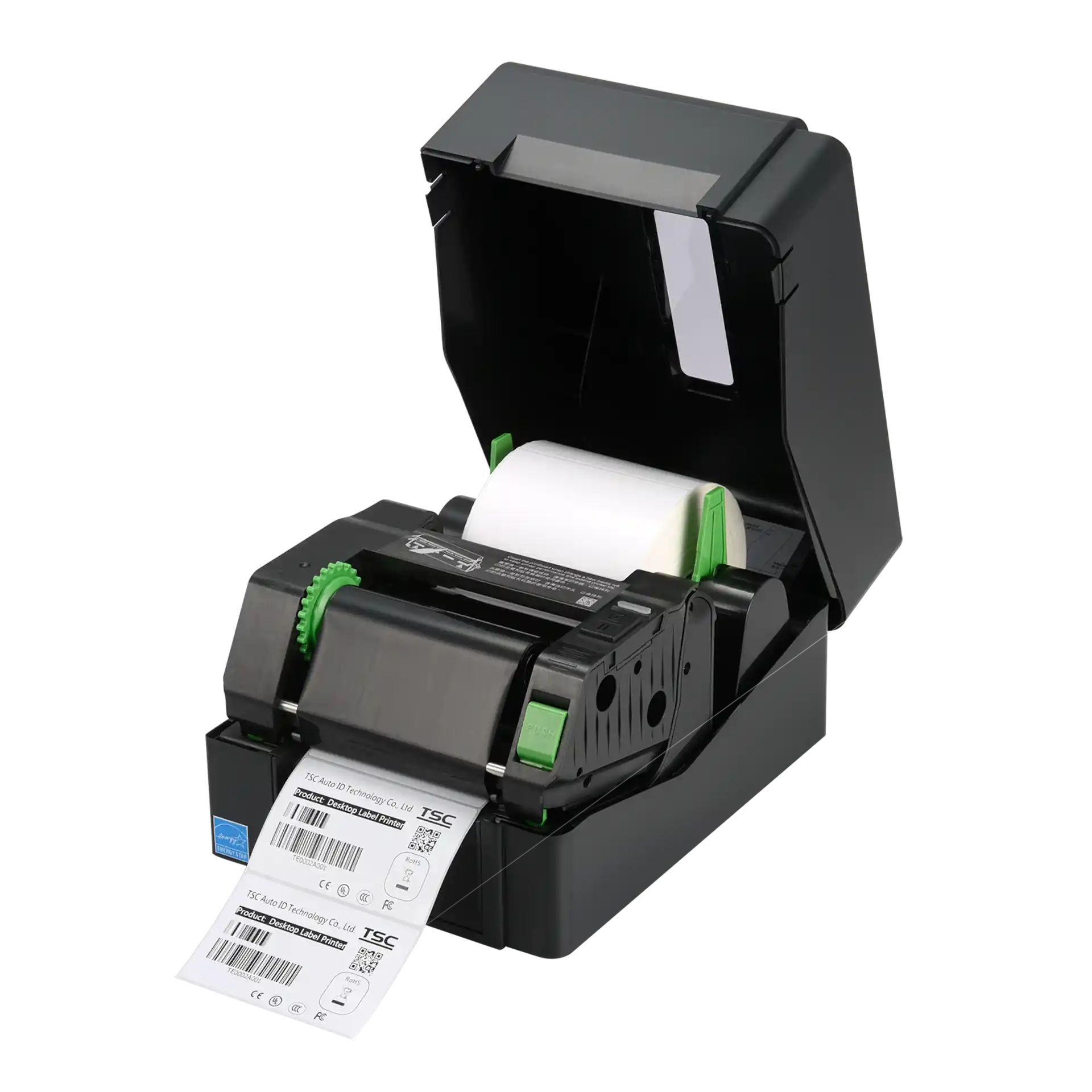 TSC TE200 Etikettendrucker mit offener Abdeckung und eingelegter Etikettenrolle