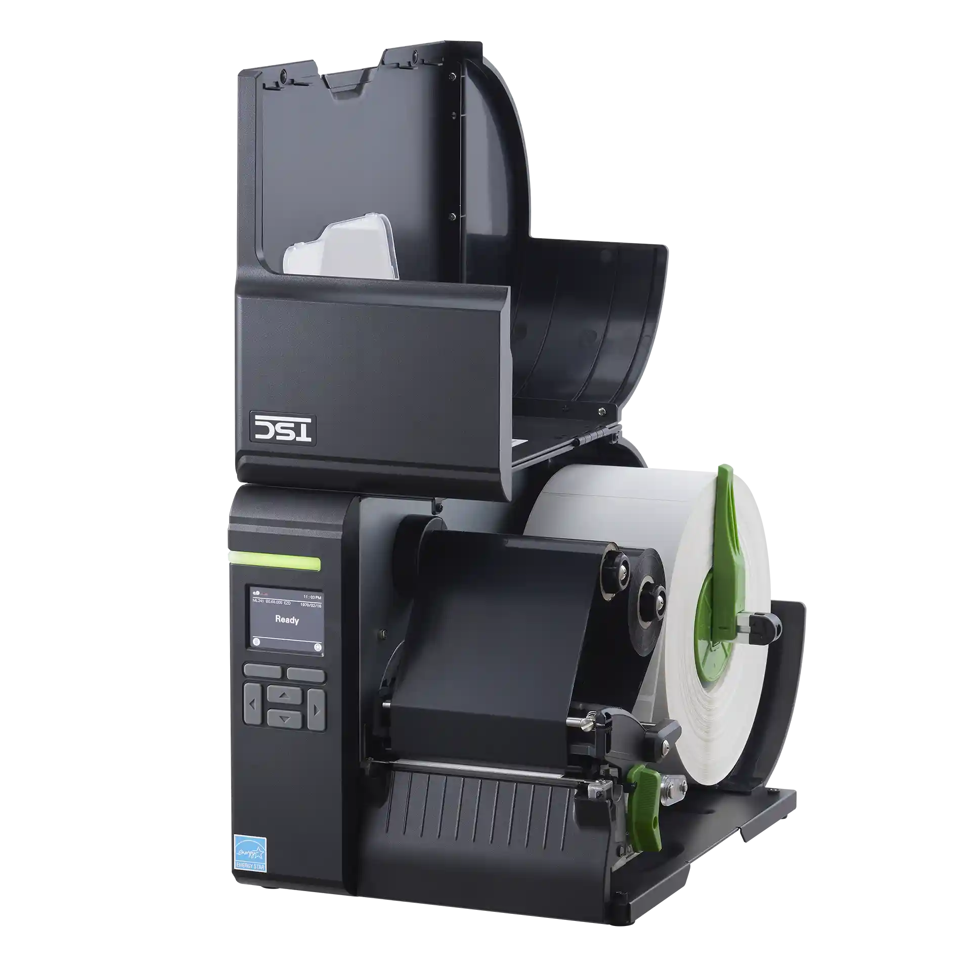 TSC ML241P Etikettendrucker, geöffnete Seitenperspektive, Rollenaufnahme mit weißer Etikettenrolle, Farbband und Druckmechanik sichtbar, Frontdisplay zeigt "Ready"