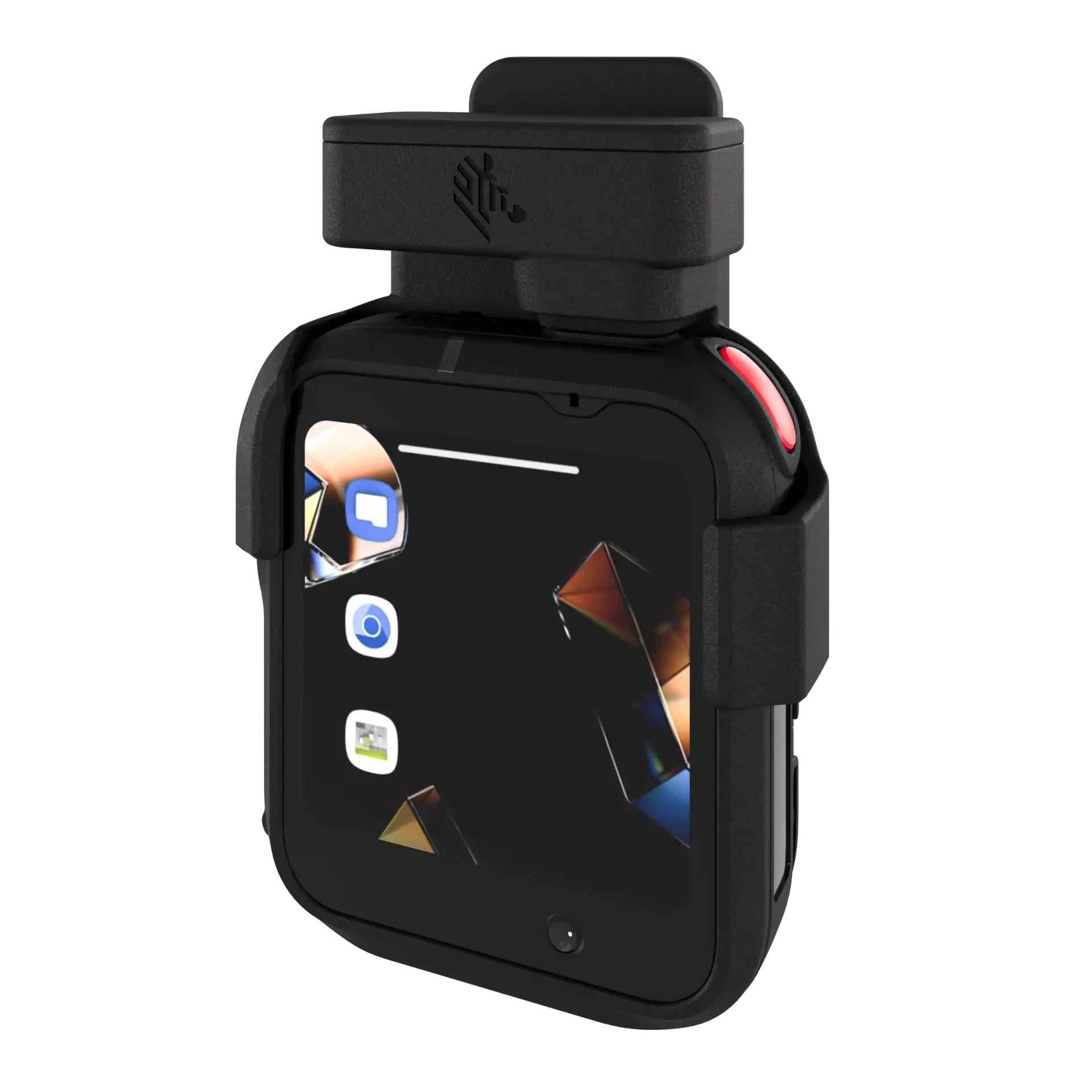 Wearable Zebra WS301 mit Clip-Mount, rechtsseitige Ansicht, Display aktiv, Tasten und Sensoren sichtbar