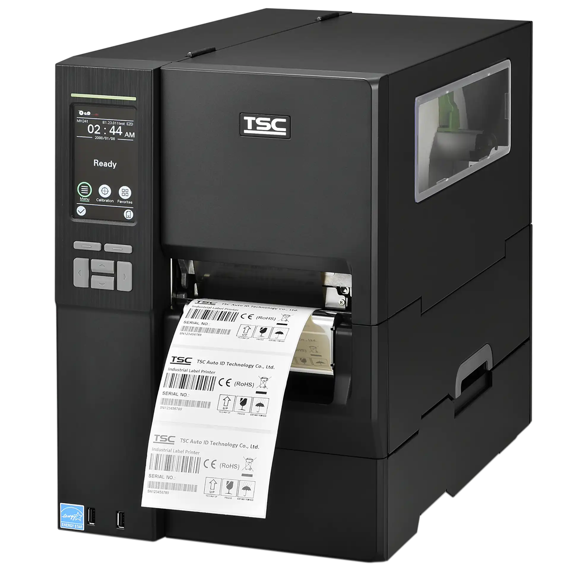 TSC MH241P Etikettendrucker – seitliche Frontansicht mit Etikett TSC MH241P Etikettendrucker, seitliche Frontansicht, Display eingeschaltet, Etikett wird ausgegeben