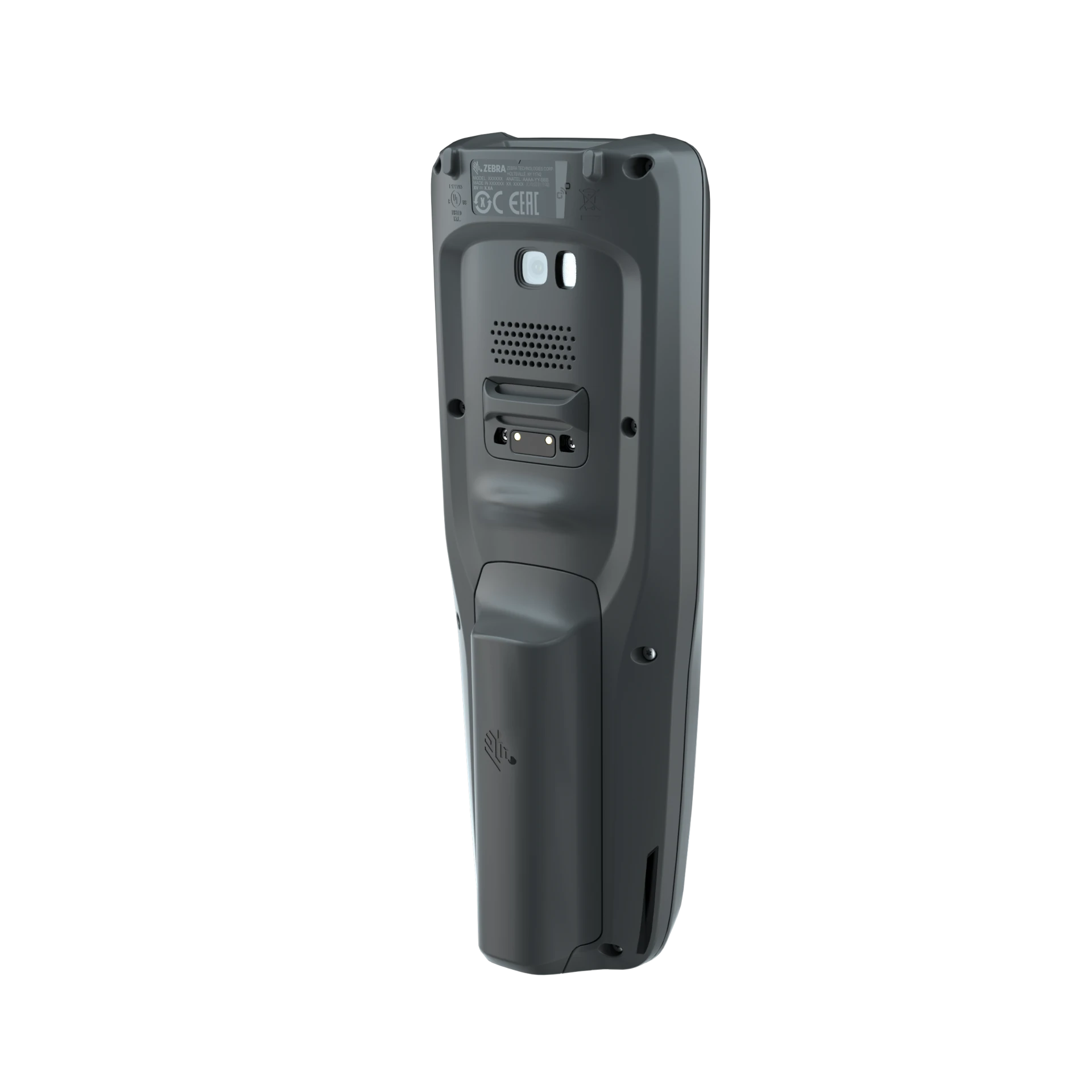 Zebra MC2200/MC2700 MDE Gerät, Rückseite schräg rechts, Kamera, Lautsprecher, Akku und Ladeanschluss sichtbar.