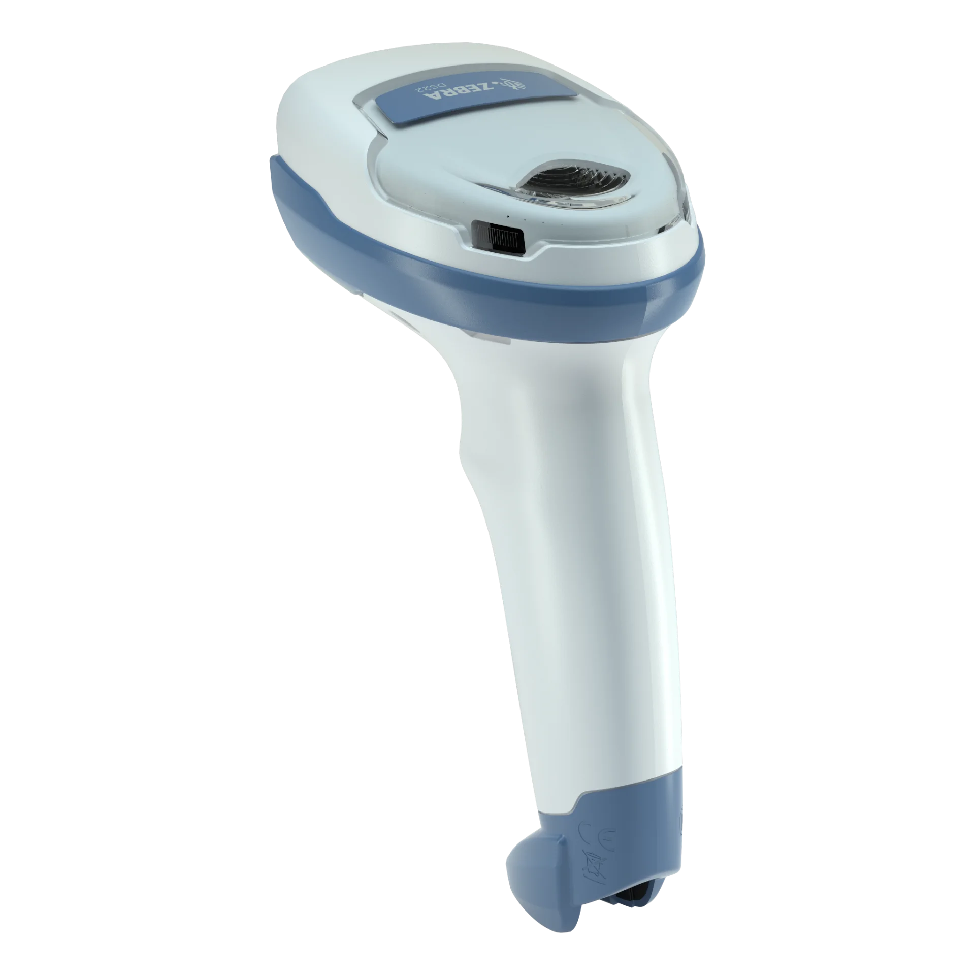 Barcode-Scanner Zebra DS2208-HC schräg von hinten links; Zebra-Logo, Status-LED, blaues Gehäuseband und weißer Griff sichtbar.