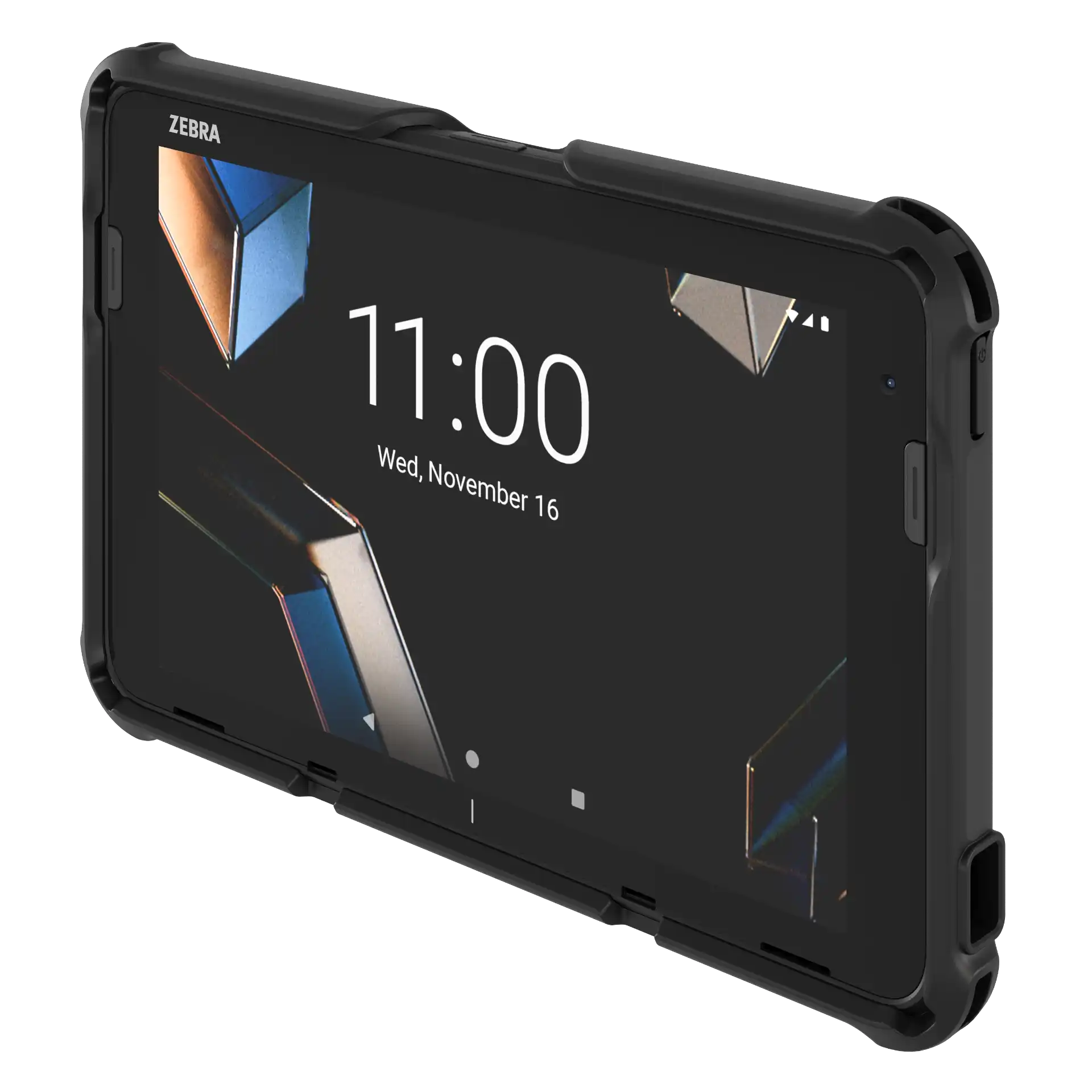 Tablet Zebra ET401 – schräge Frontansicht mit eingeschaltetem 8-Zoll-Display, sichtbaren Seitentasten und Schutzhülle