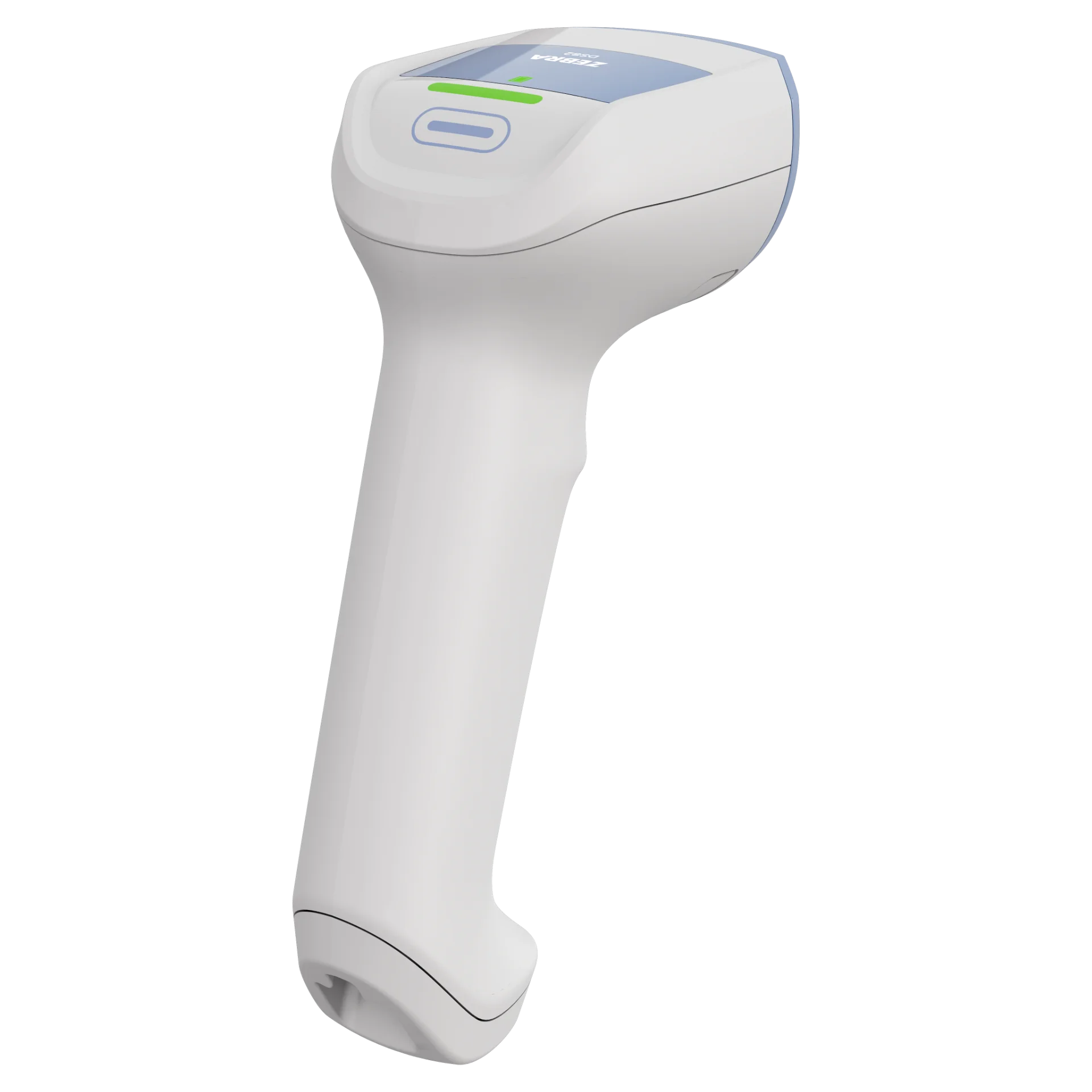Barcode Scanner Zebra DS8208-HC – Rückansicht schräg rechts, oberes Feld mit Funktionstaste und grüner Status-LED