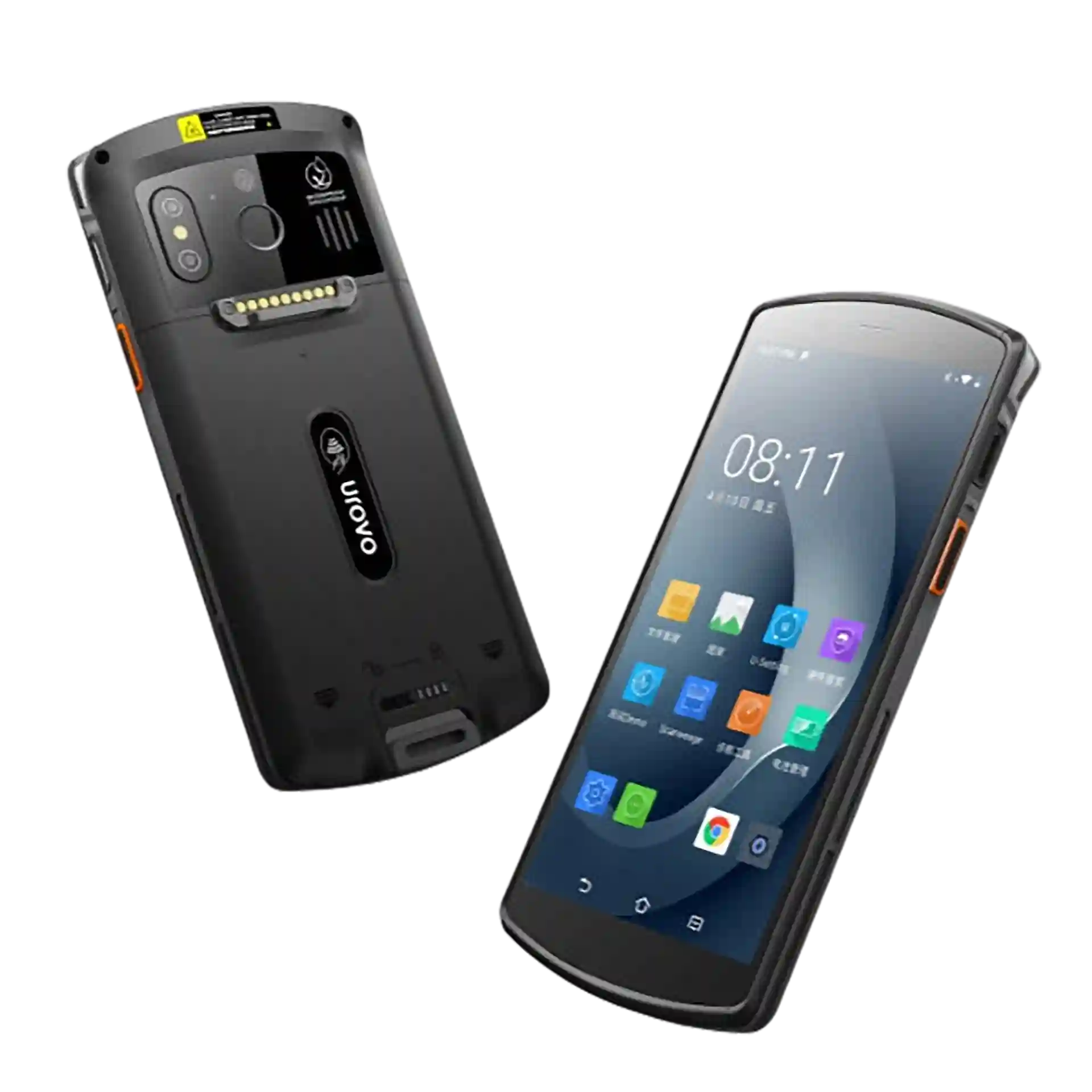 Urovo DT50S MDE Gerät, Vorderseite mit eingeschaltetem Display, Rückseite mit Kamera, Fingerabdrucksensor und Anschlüssen