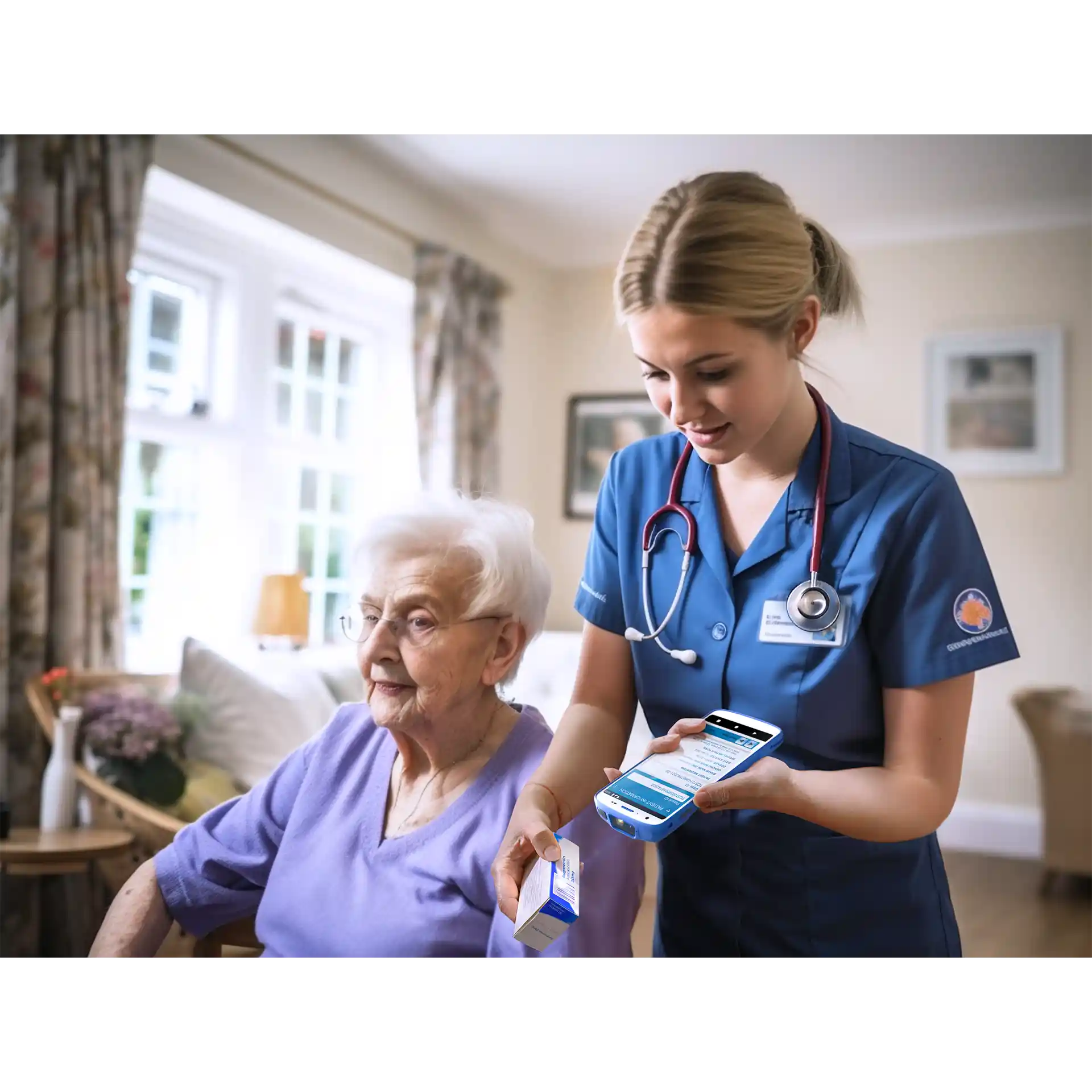 Zebra HC20/HC25/HC50/HC55 MDE Gerät scannt Medikamentenschachtel, Display eingeschaltet, frontale Ansicht.