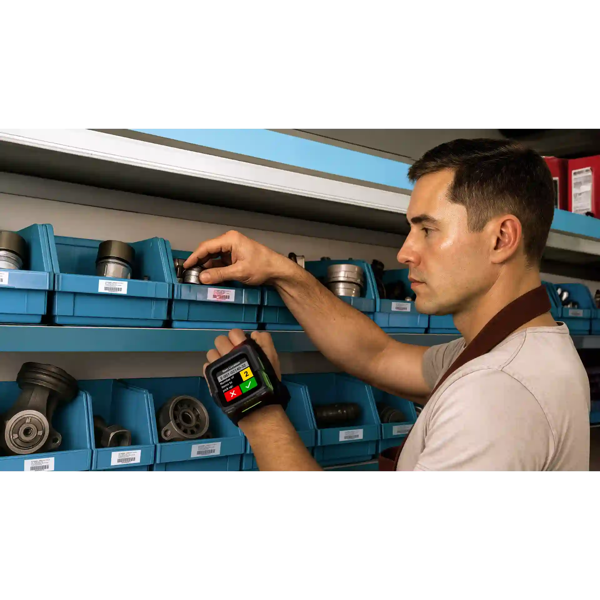 Wearable Zebra WS50-WS501 – Handrückenscanner im Regal, Display an, Funktionsfelder sichtbar