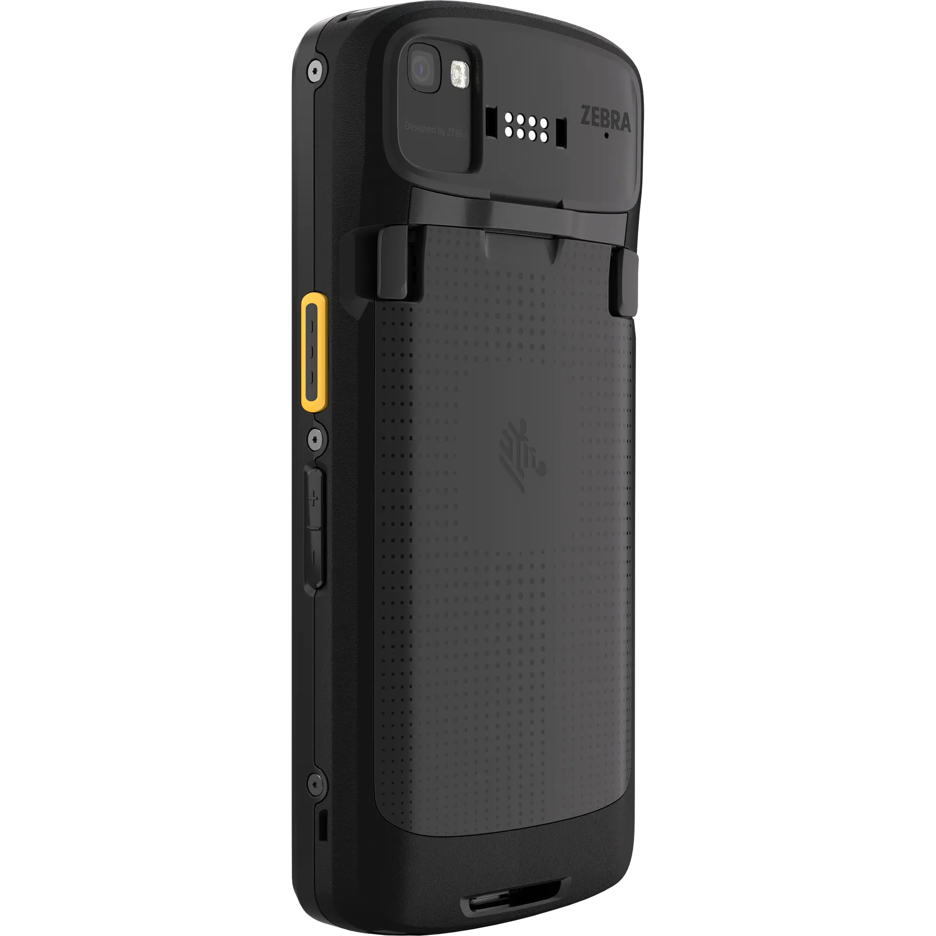 Zebra TC53/TC58 MDE Gerät, seitliche Rückansicht links, Kamera, Tasten und Anschlüsse sichtbar.
