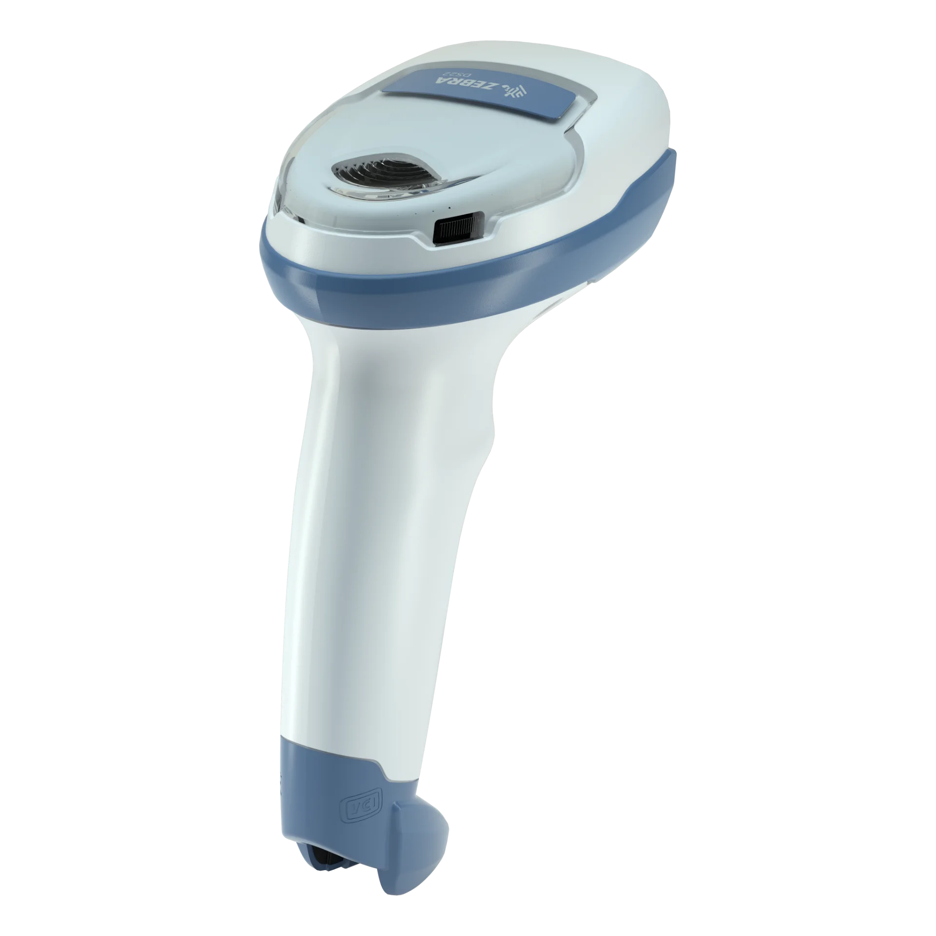 Barcode-Scanner Zebra DS2208-HC schräg von hinten rechts, Zebra-Logo, Status-LED, blaues Gehäuseband und weißer Griff sichtbar.
