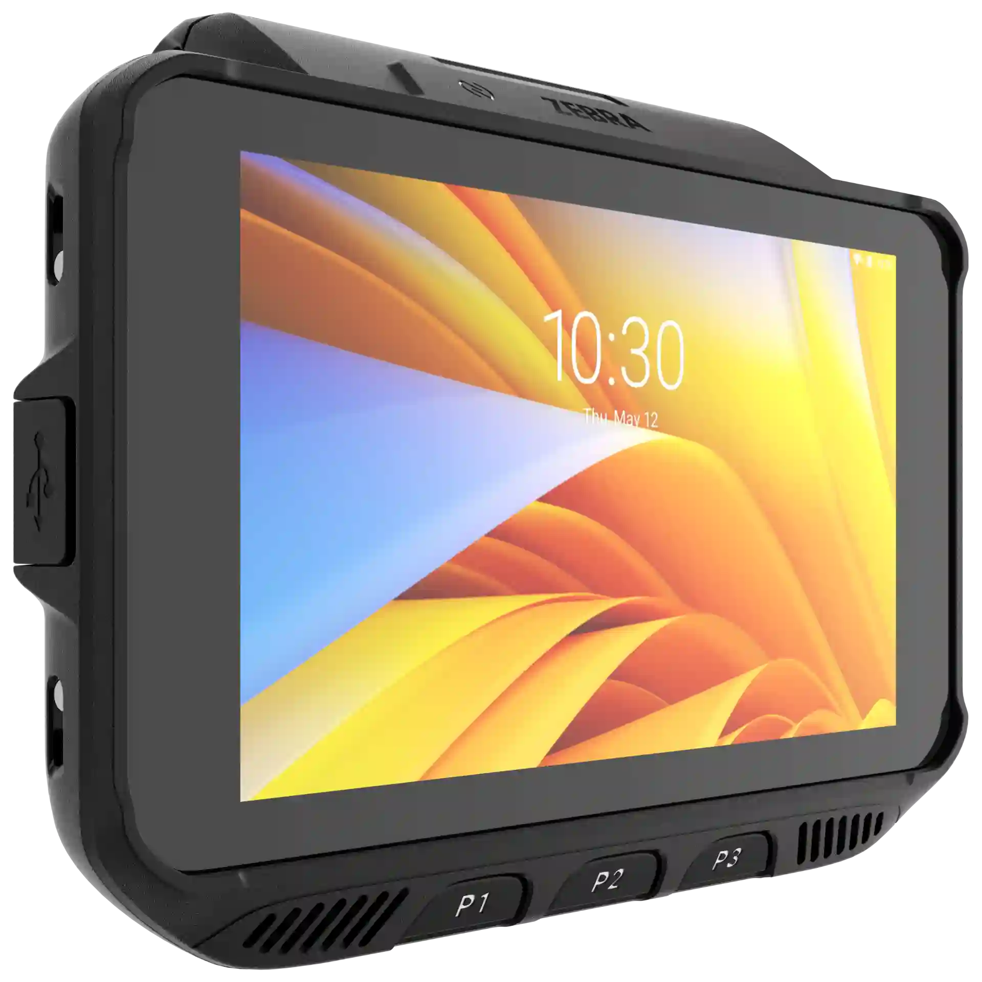 Wearable Zebra WT5400 – Schräge linke Ansicht mit aktivem Display und USB‑Anschluss