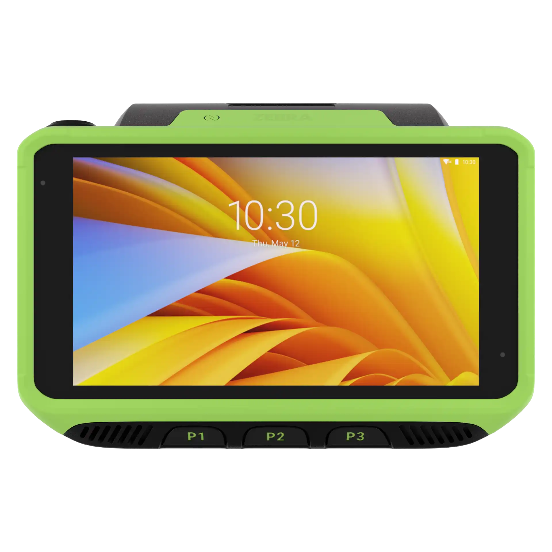 Wearable Zebra WT6400 – frontale Ansicht, Display an, Tasten P1–P3 unter dem Bildschirm