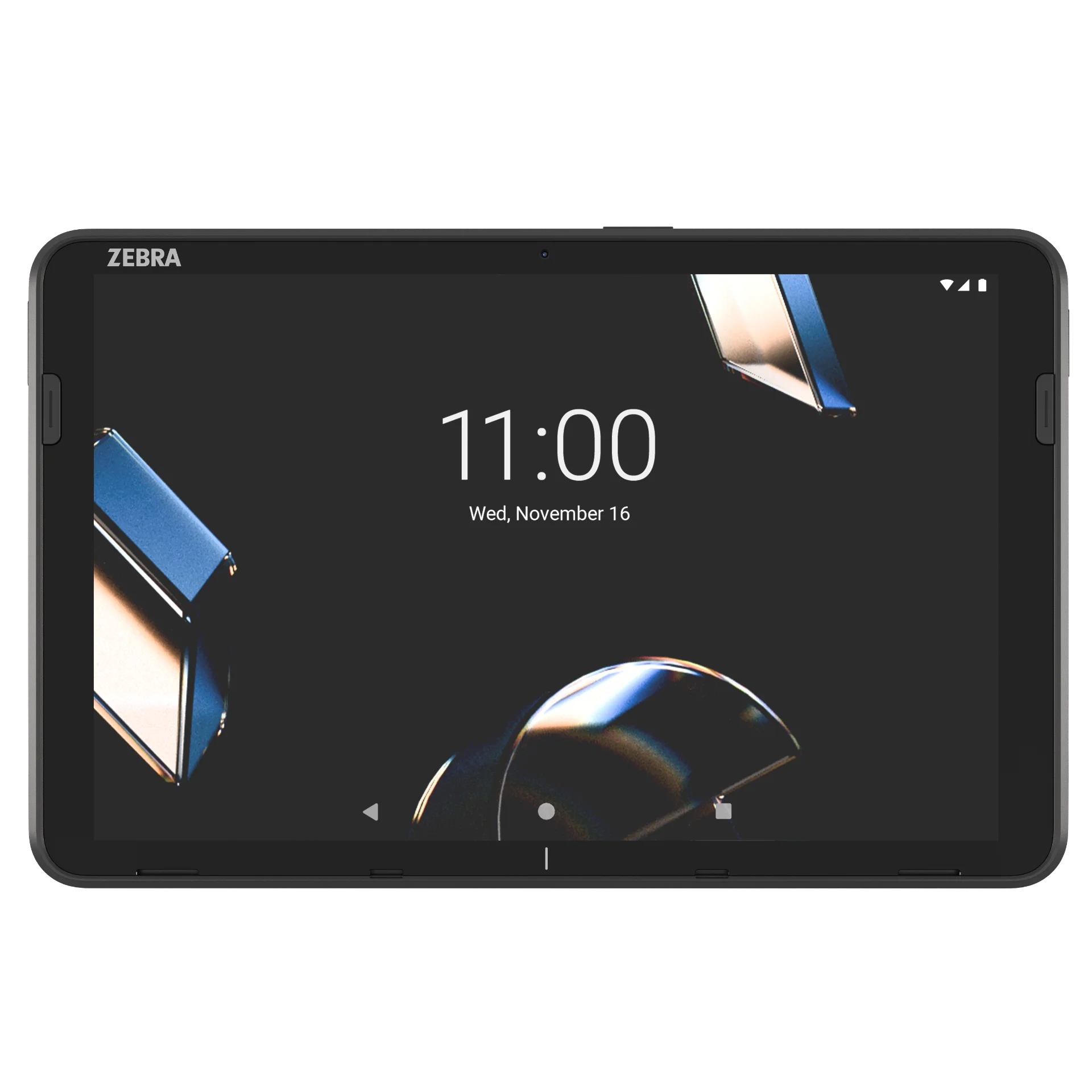 Tablet Zebra ET401. 10-Zoll – Frontansicht, Display an, Frontkamera und Sensoren sichtbar