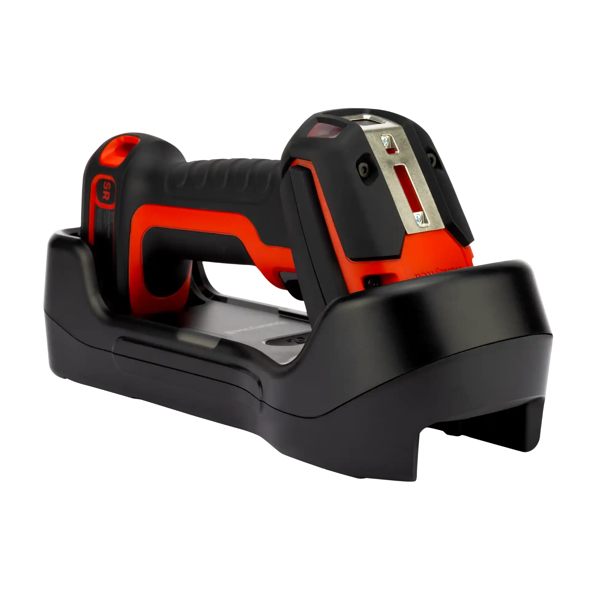 Barcode-Scanner Honeywell Granit Ultra 2105i SR in Ladestation, aus links-oben mit Scanfenster, Trigger und Ladekontakten.