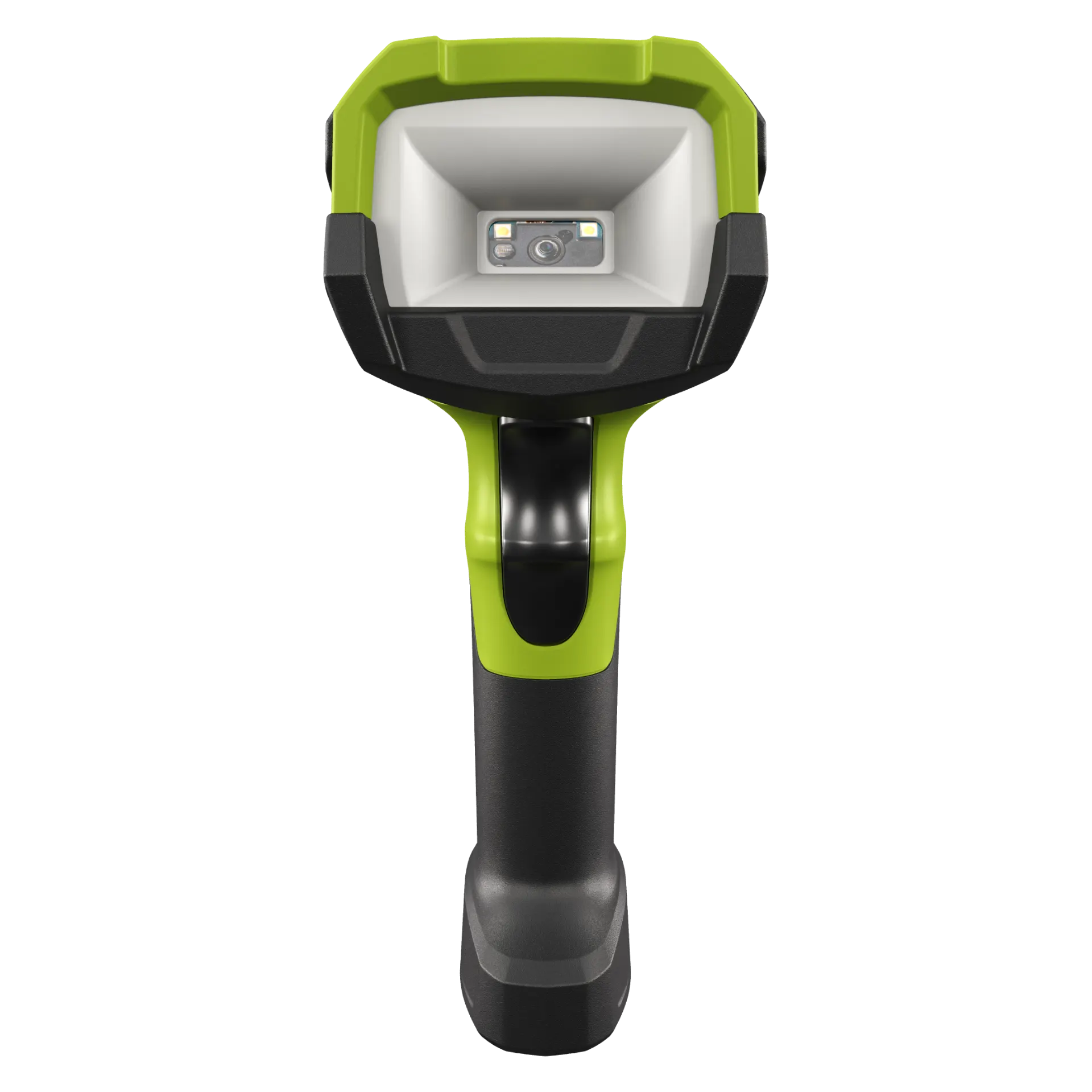 Barcode-Scanner Zebra DS3608-DPM – frontal mit zentraler Scanoptik, zwei Lichtfenstern und schwarzem Auslöser am grünen Griff.