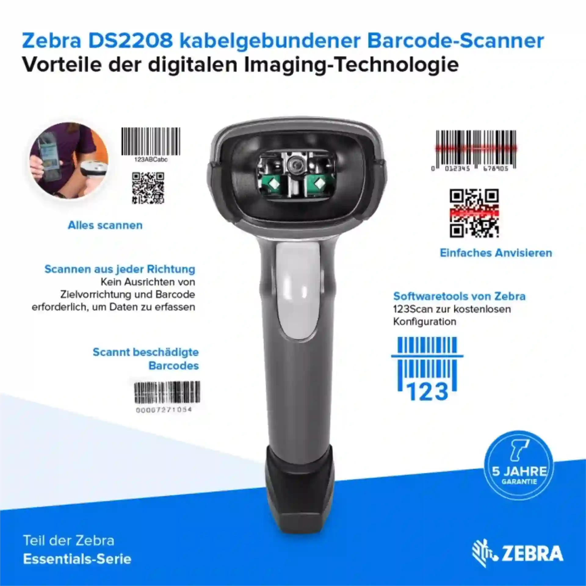 Barcode-Scanner Zebra DS2208 frontal mit Scanfenster, Kamera und Sensoren; Scannen von Barcodes und Produktinformationen