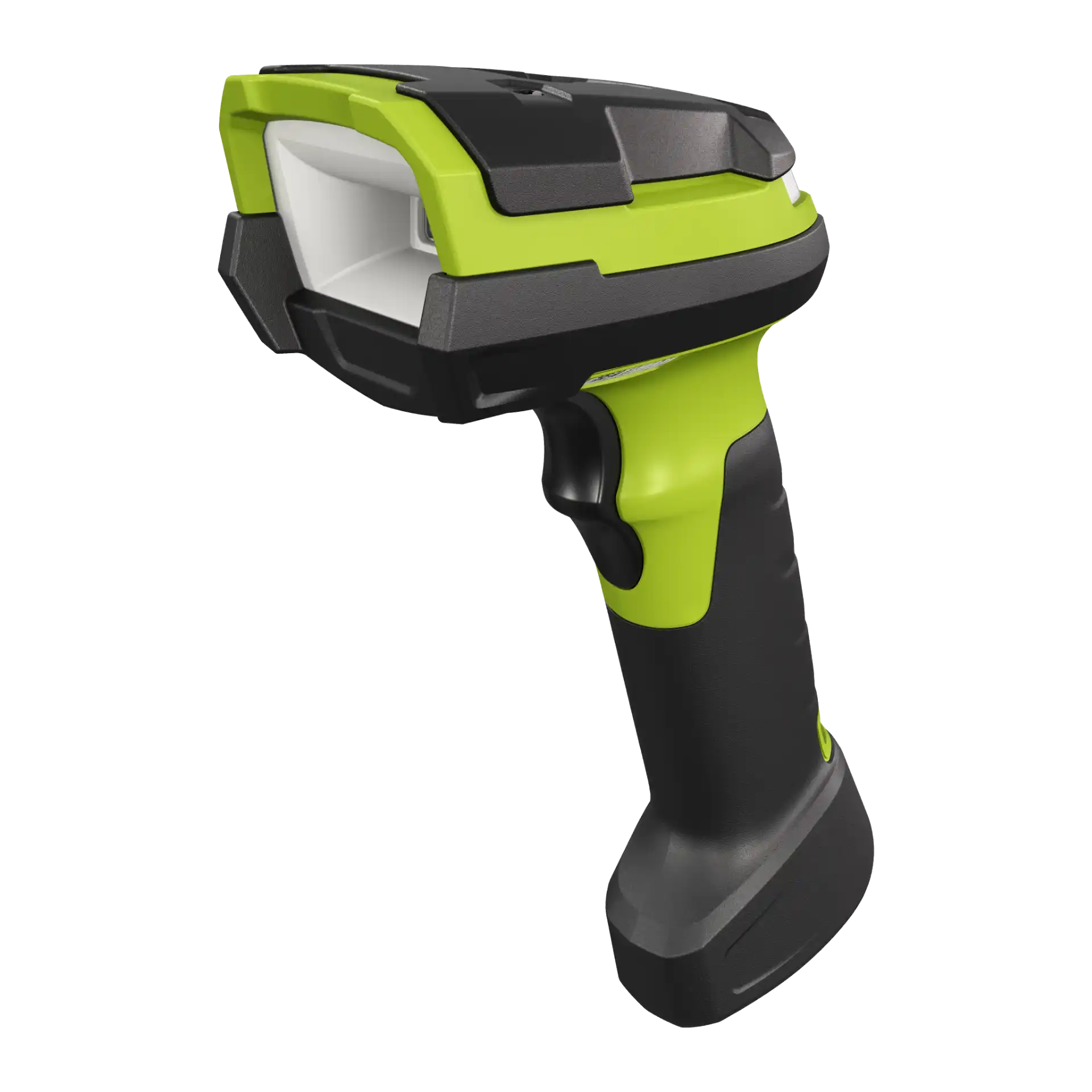 Barcode-Scanner Zebra DS3608-DPM – linke Schrägansicht mit grün-schwarzem Griff, Auslösetaste und robustem Schutzrahmen.