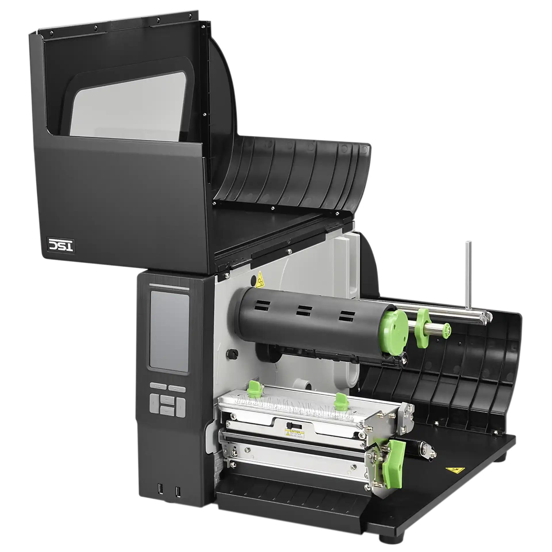 TSC MH261T Etikettendrucker, seitlich geöffnet, sichtbare Mechanik und Halterungen, Display ausgeschaltet